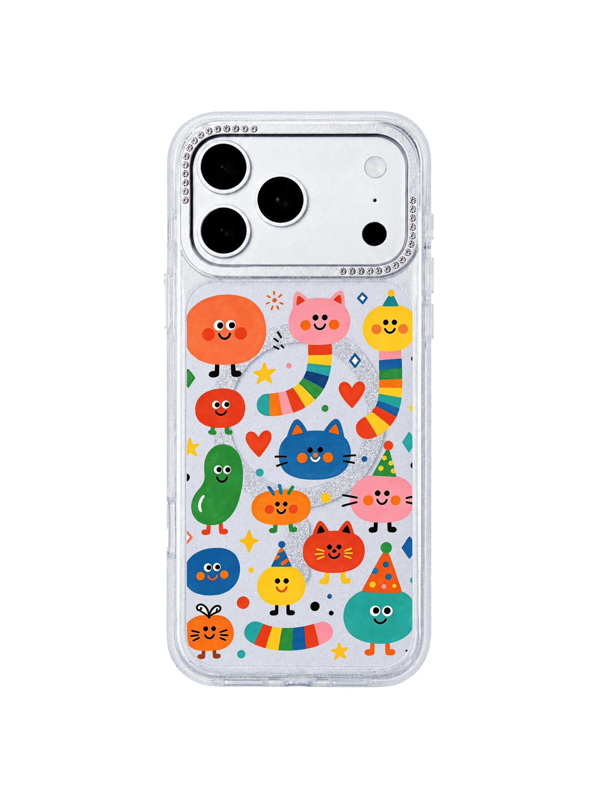 PhoneCasing partial back closeup revealing built-in MagSafe wireless charging ring inside Candy Bean Monster Secret Meeting iPhone 17 Pro Max case, seamless magnetic charging compatible feature graphic for iPhone 17 Pro Max casing