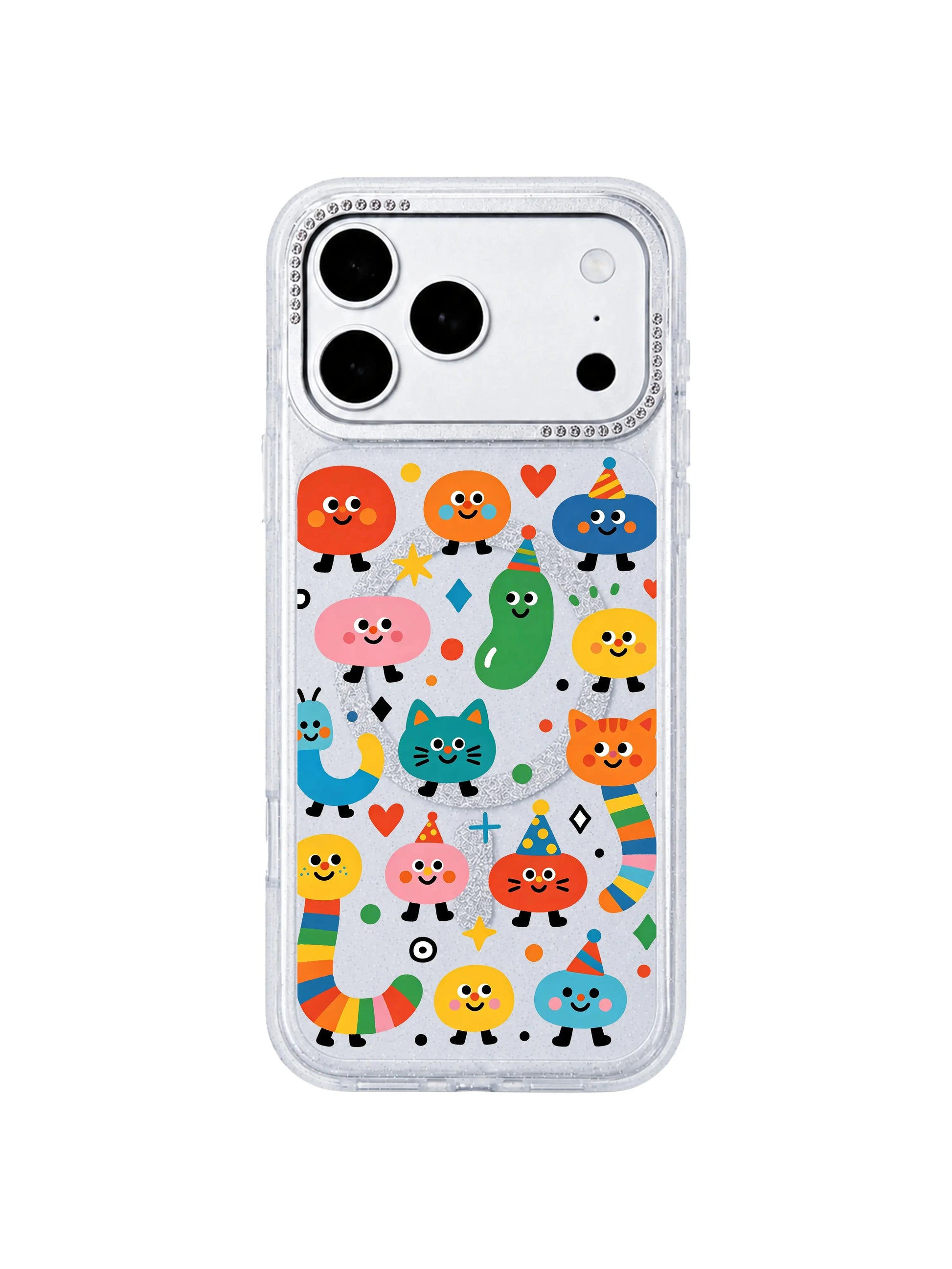 PhoneCasing hourglass phone case three-view diagram for Candy Bean Monster Secret Meeting iPhone 17 Pro Max case, front artwork panel and slim glitter side frame, informational graphic placed inside iPhone 17 Pro Max casing product description section