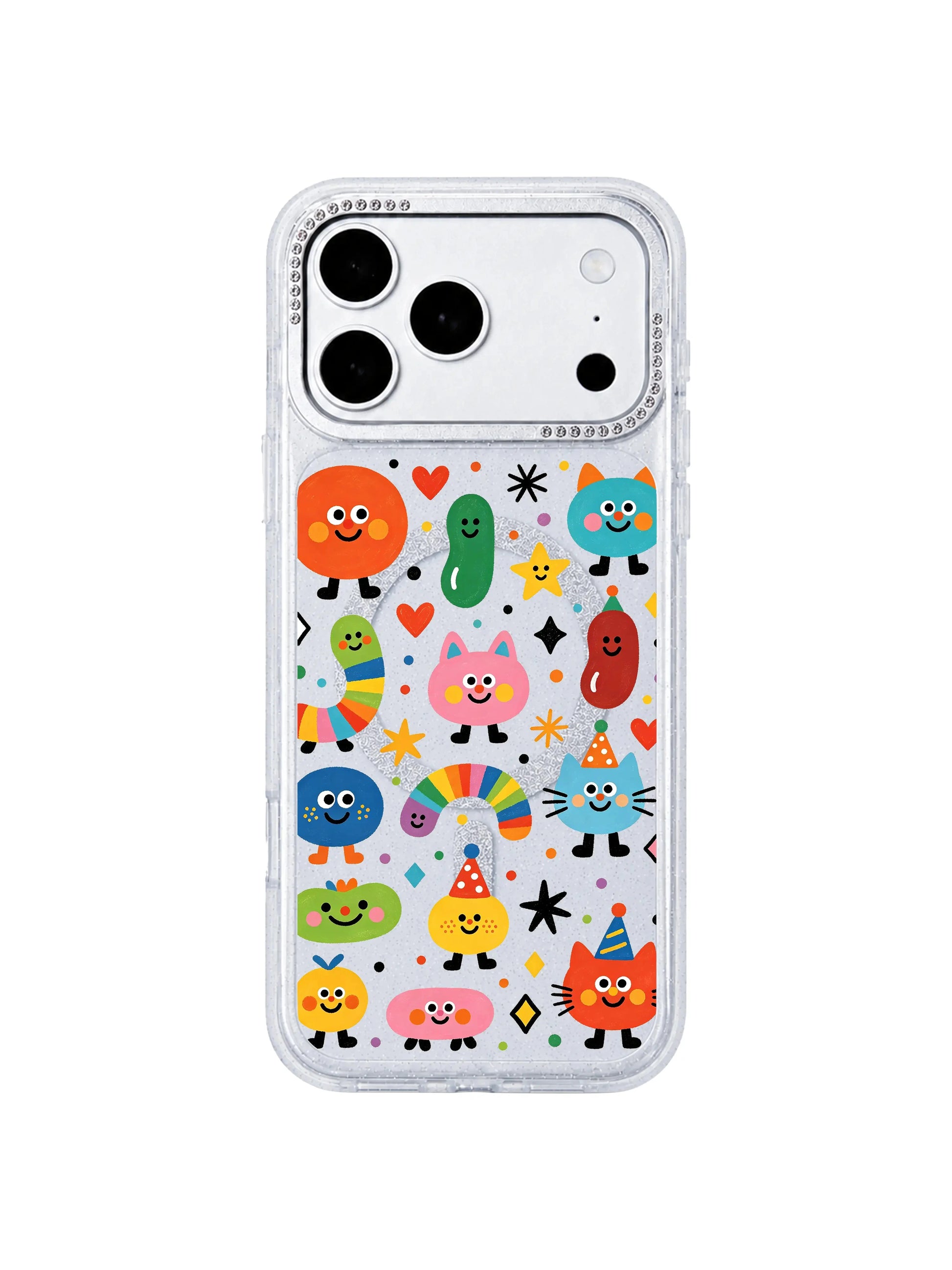 PhoneCasing minimalist isolated product mockup of Candy Bean Monster Secret Meeting iPhone 17 Pro Max case, transparent glitter casing on blank white background, clean ad asset for paid social and email marketing iPhone 17 Pro Max casing