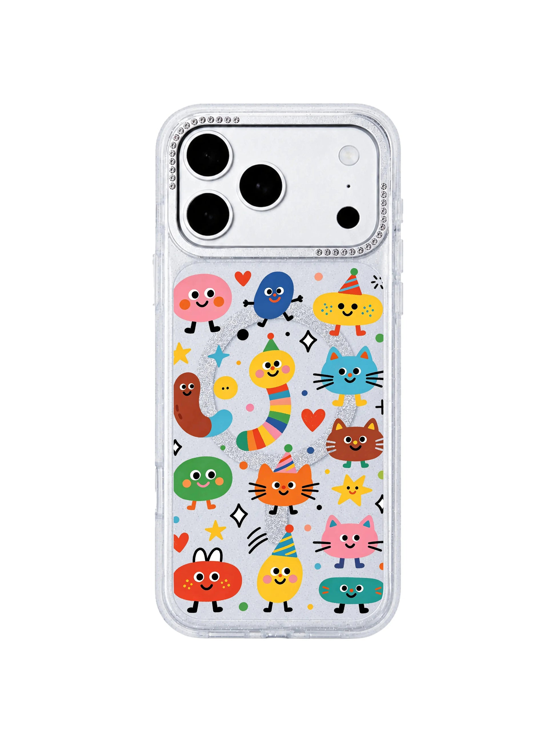 PhoneCasing exclusive Milo Popkins Candy Bean Monster Secret Meeting iPhone 17 Pro Max case, primary flat hero shot of glitter hourglass protective iPhone 17 Pro Max casing printed with cute pastel blob cat doodles, party hats rainbow worms heart star confetti for store homepage product listing