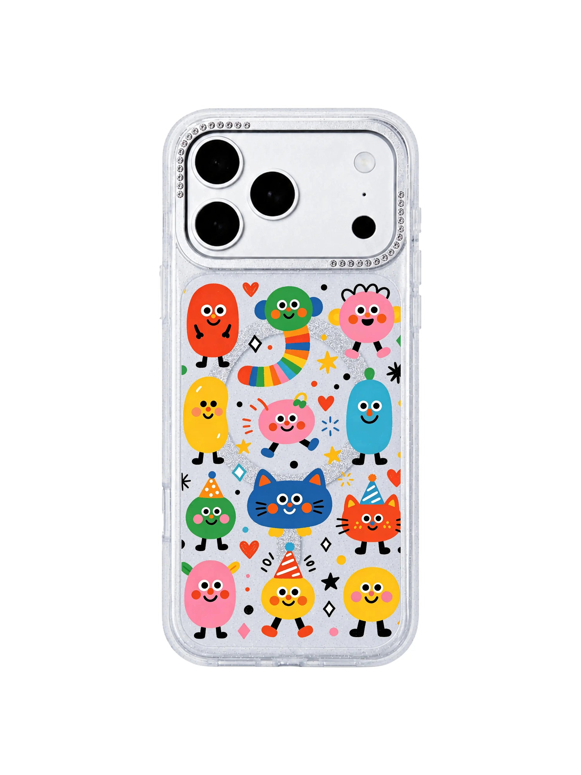 PhoneCasing outdoor street lifestyle photograph of blonde model holding Candy Bean Monster Secret Meeting iPhone 17 Pro Max case, warm joyful candy creature doodle art, aesthetic lifestyle visual boosting image search ranking for iPhone 17 Pro Max case