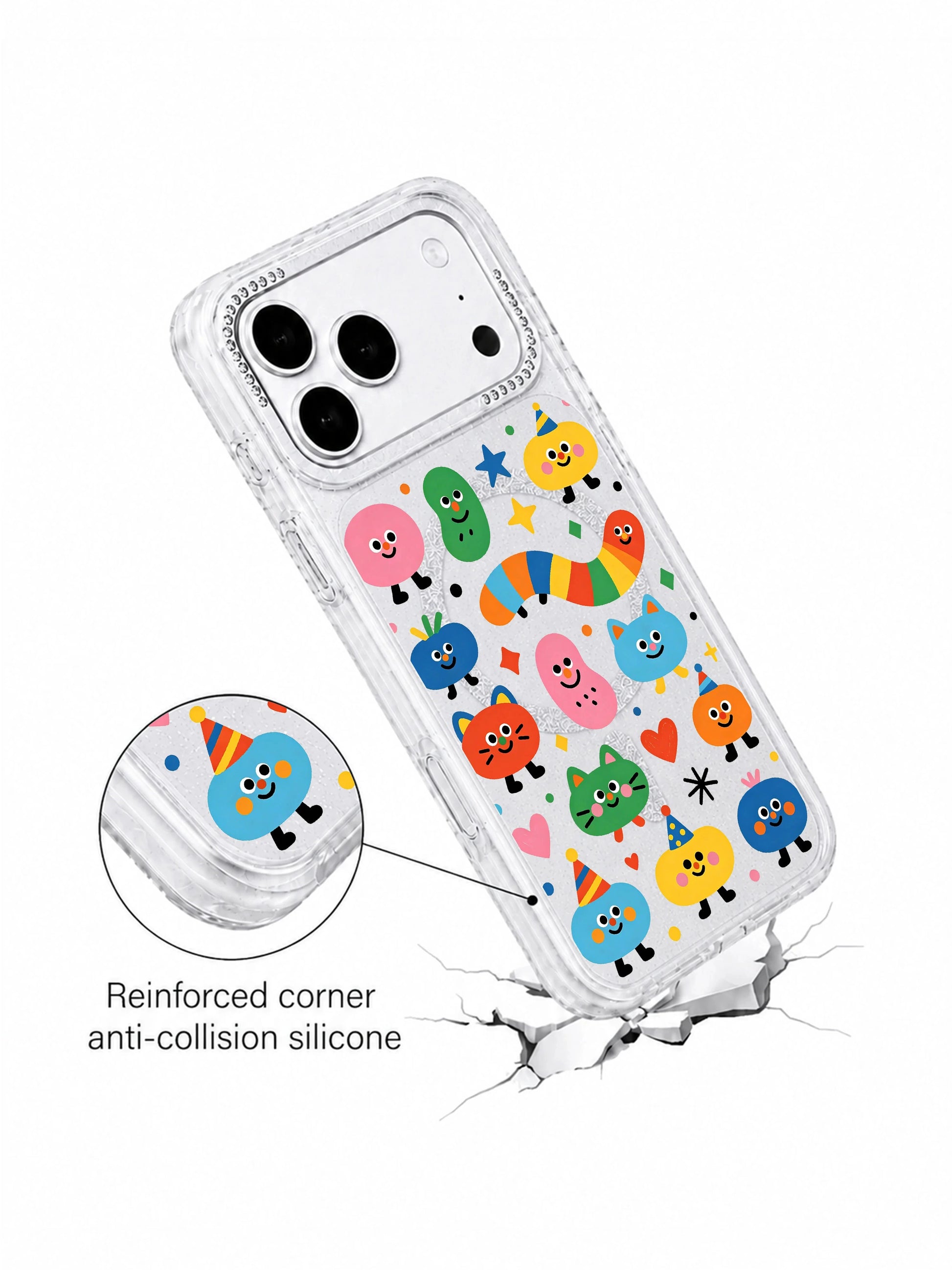 PhoneCasing character macro shot of striped party hat candy blobs & cute cats gathered for secret meeting on Candy Bean Monster Secret Meeting iPhone 17 Pro Max case, Milo Popkins signature bright naive doodle style on clear glitter iPhone 17 Pro Max casing