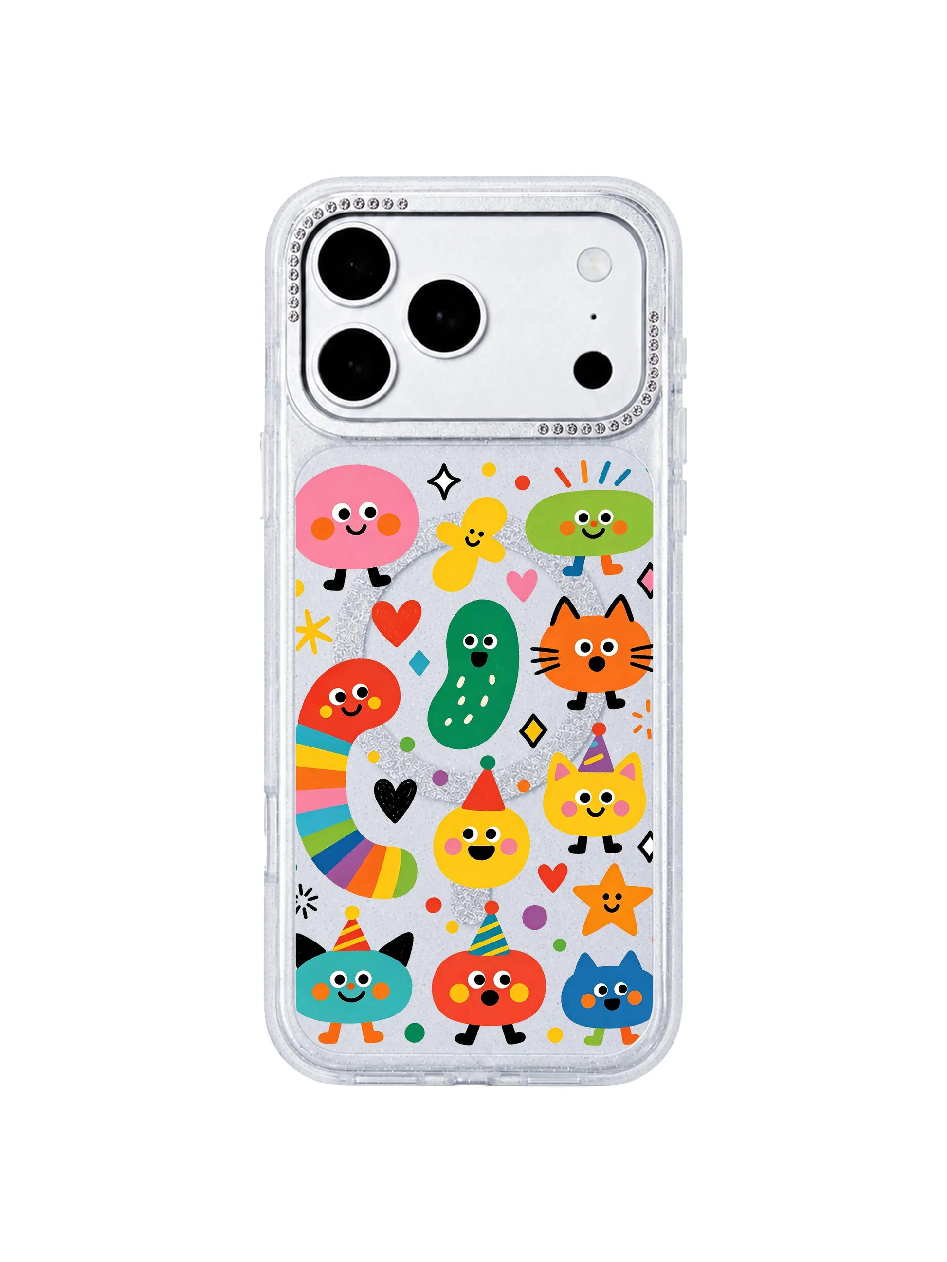 PhoneCasing side cutout closeup showing perfectly molded volume buttons, charging port and speaker grilles on Candy Bean Monster Secret Meeting iPhone 17 Pro Max case, zero loose fit custom engineered fit demo iPhone 17 Pro Max protective casing