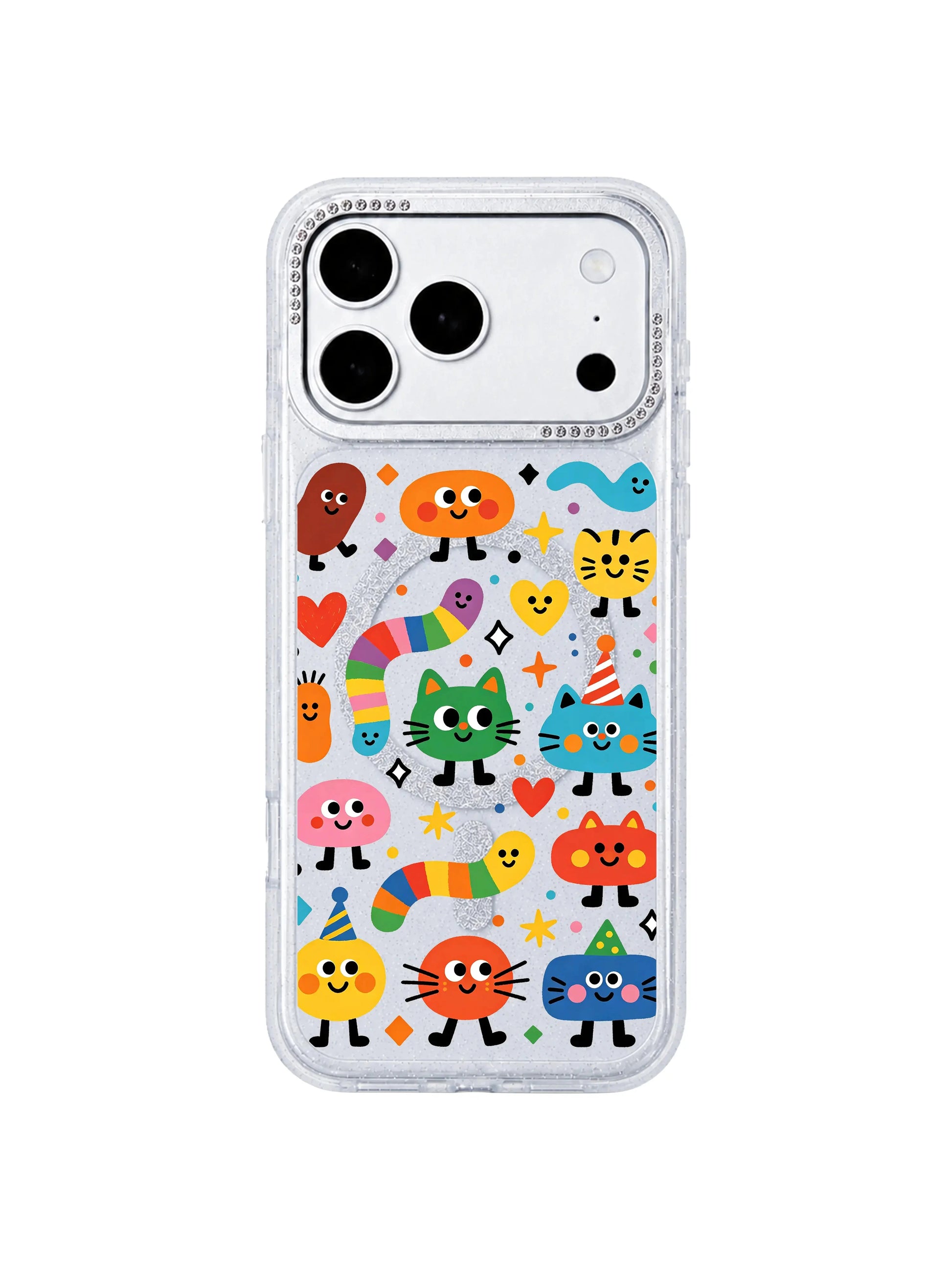 PhoneCasing anti-collision silicone reinforced corner demo shot for Candy Bean Monster Secret Meeting iPhone 17 Pro Max case, crack resistance visual highlighting durable drop-proof daily wear iPhone 17 Pro Max protective casing