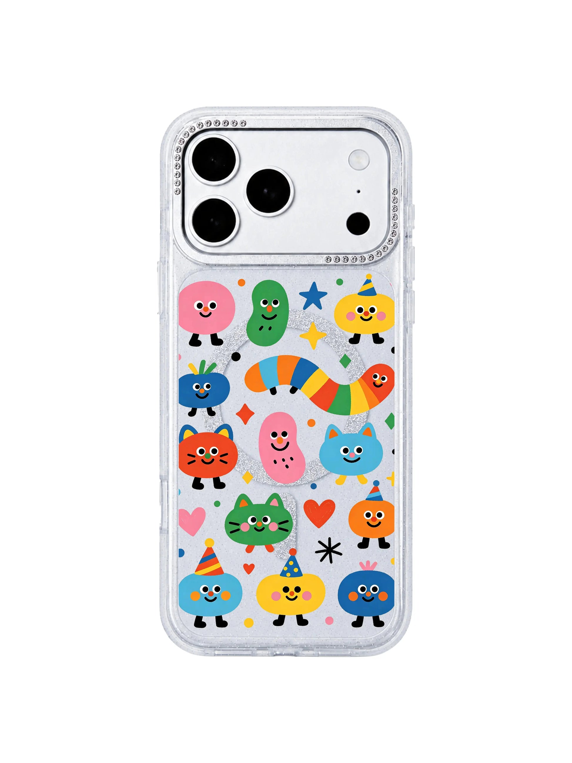 PhoneCasing wide horizontal homepage banner featuring full Candy Bean Monster Secret Meeting grid print on iPhone 17 Pro Max case, complete layout of colorful candy blob and cat characters, collection hero banner for iPhone 17 Pro Max case category page