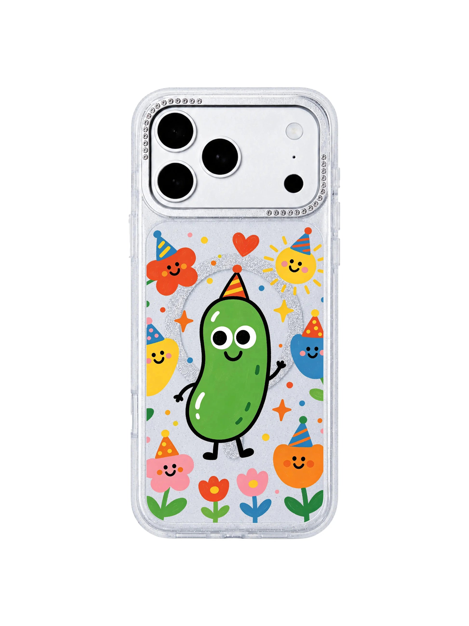 PhoneCasing minimalist pure white isolated mockup of Cheerful Pickle Spring iPhone 17 Pro Max case, glitter clear iPhone 17 Pro Max casing optimized for social media ads and email marketing creative assets