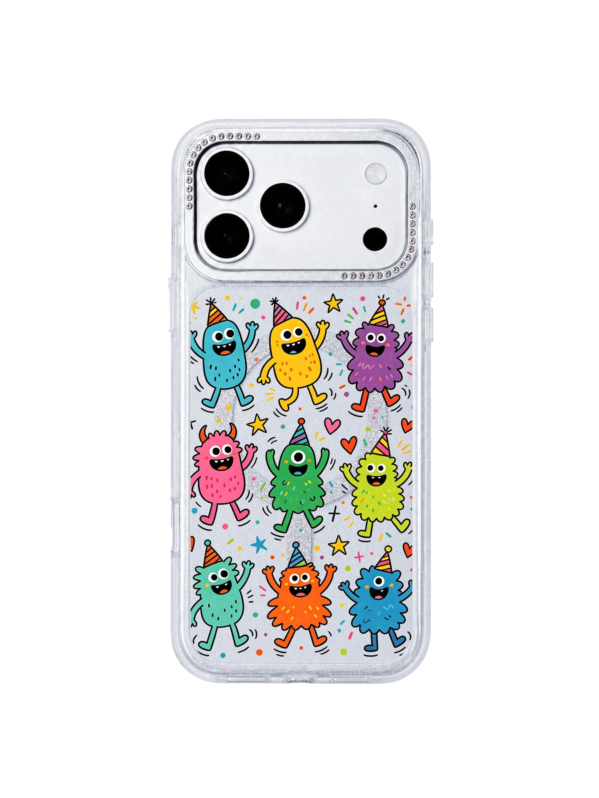 PhoneCasing side cutout close-up showing perfectly molded volume buttons, charging port and speaker grilles on Fun Monster Jump Squad iPhone 17 Pro Max case, zero-loose custom fit demonstration for iPhone 17 Pro Max protective casing