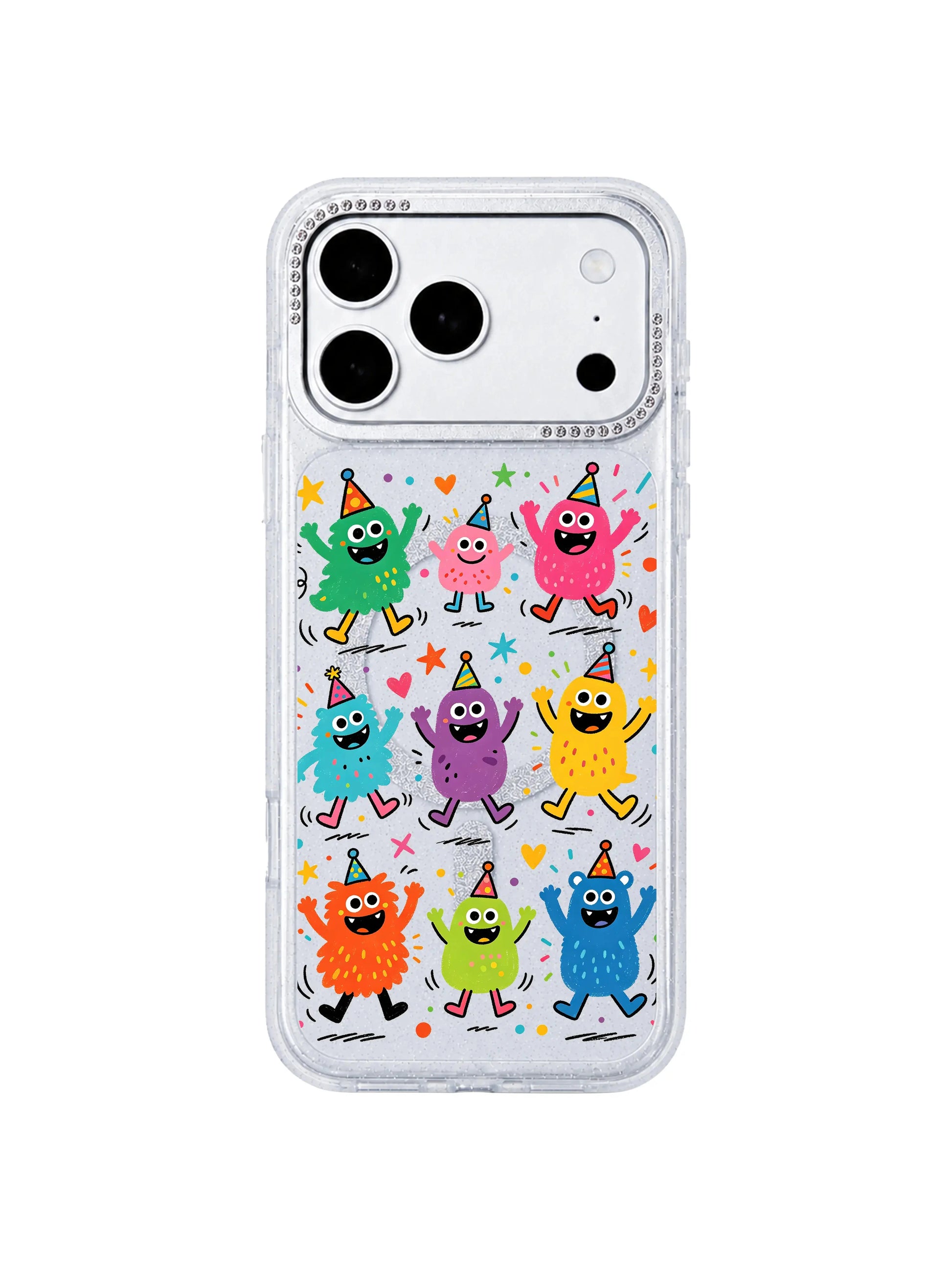 PhoneCasing soft warm indoor cozy atmosphere lifestyle image featuring Fun Monster Jump Squad iPhone 17 Pro Max case, relaxed daily carry scene with upbeat joyful monster print on glitter clear iPhone 17 Pro Max casing