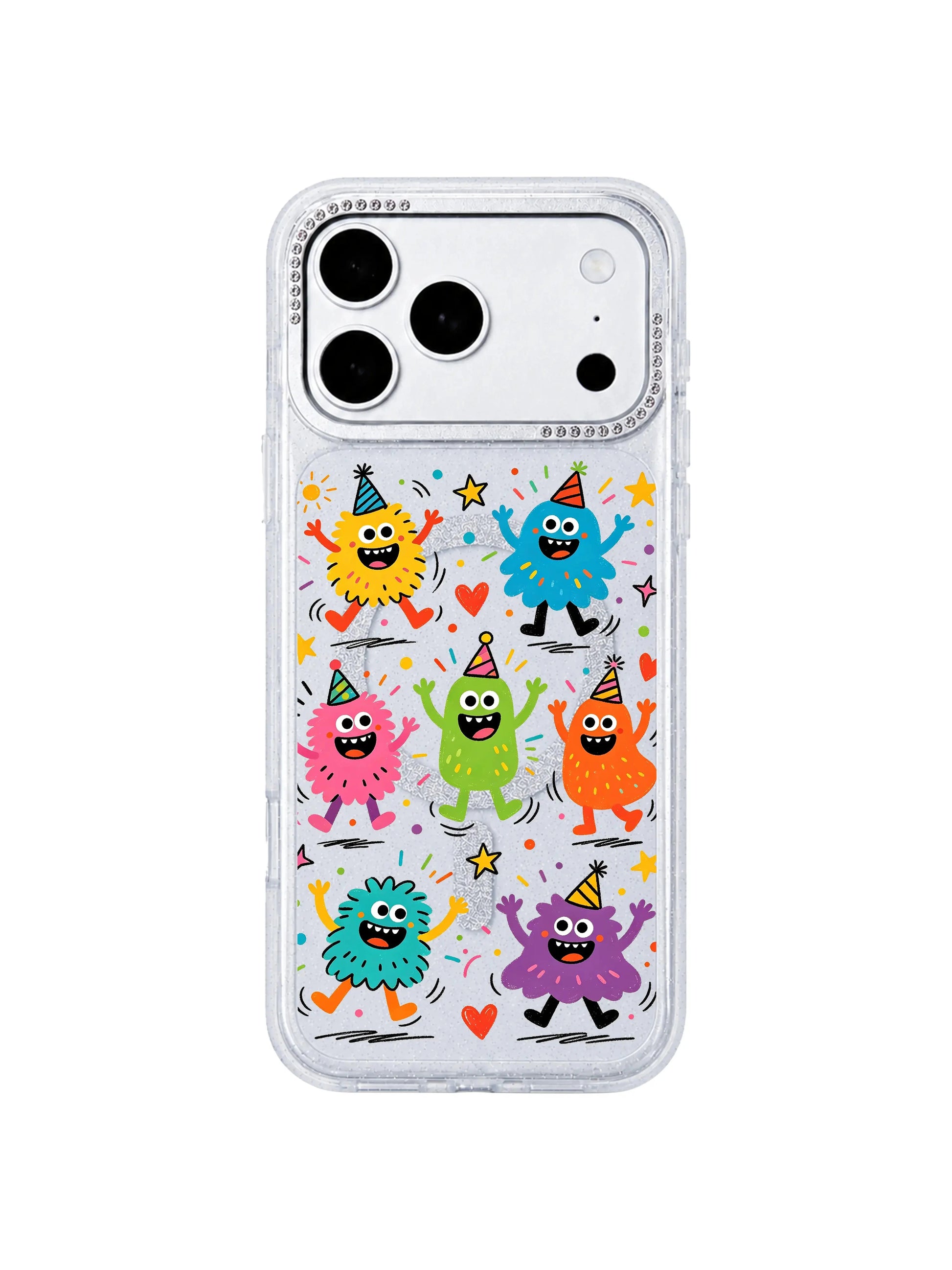 PhoneCasing anti-drop reinforced corner demo shot for Fun Monster Jump Squad iPhone 17 Pro Max case, visual shockproof proof for durable shockproof iPhone 17 Pro Max protective casing with vibrant party monster doodles