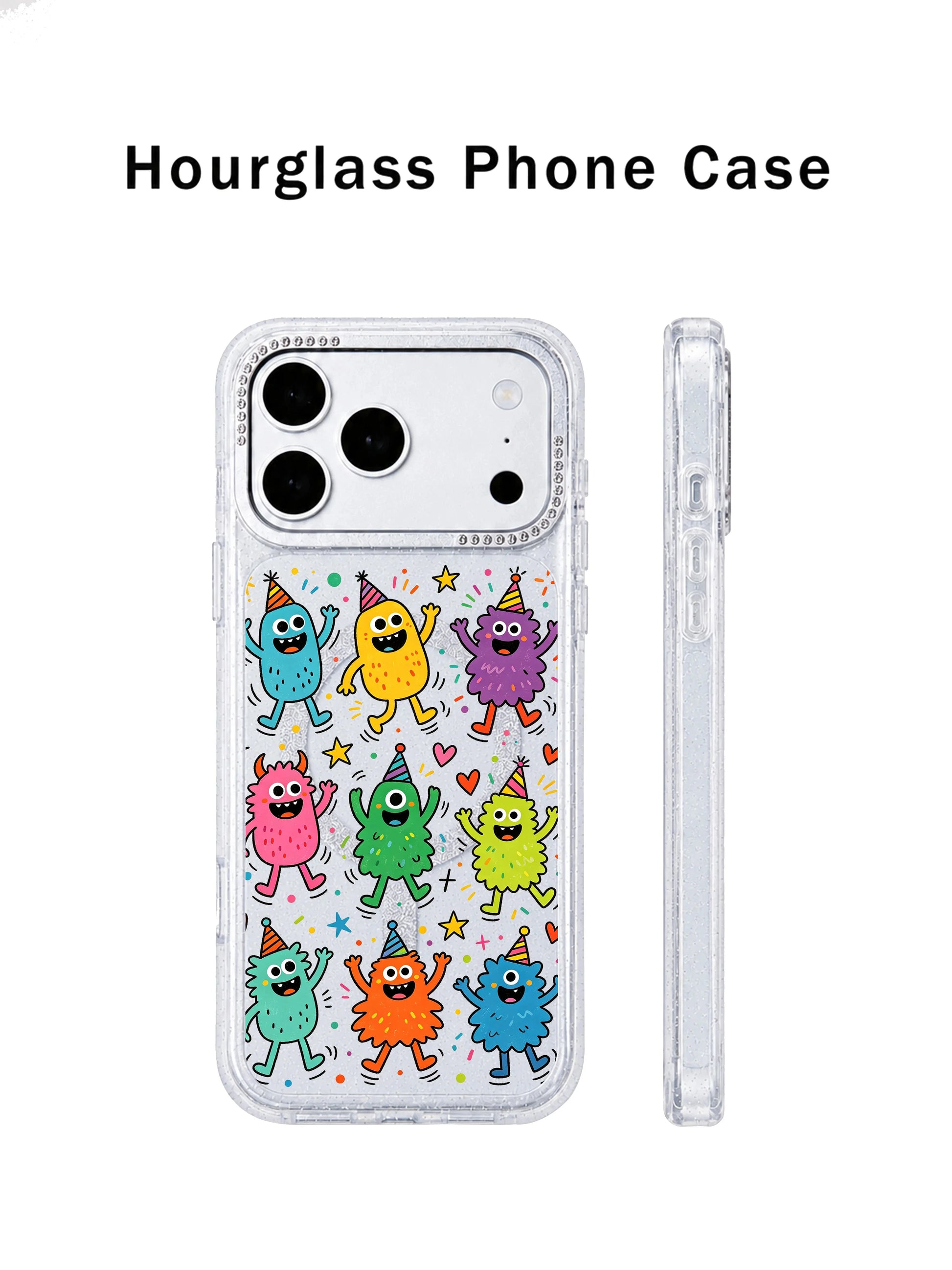 PhoneCasing dual-angle carousel overview graphic of Fun Monster Jump Squad iPhone 17 Pro Max case, front printed artwork panel plus side rhinestone lens frame combined visual for Shopify product carousel slide iPhone 17 Pro Max casing listing