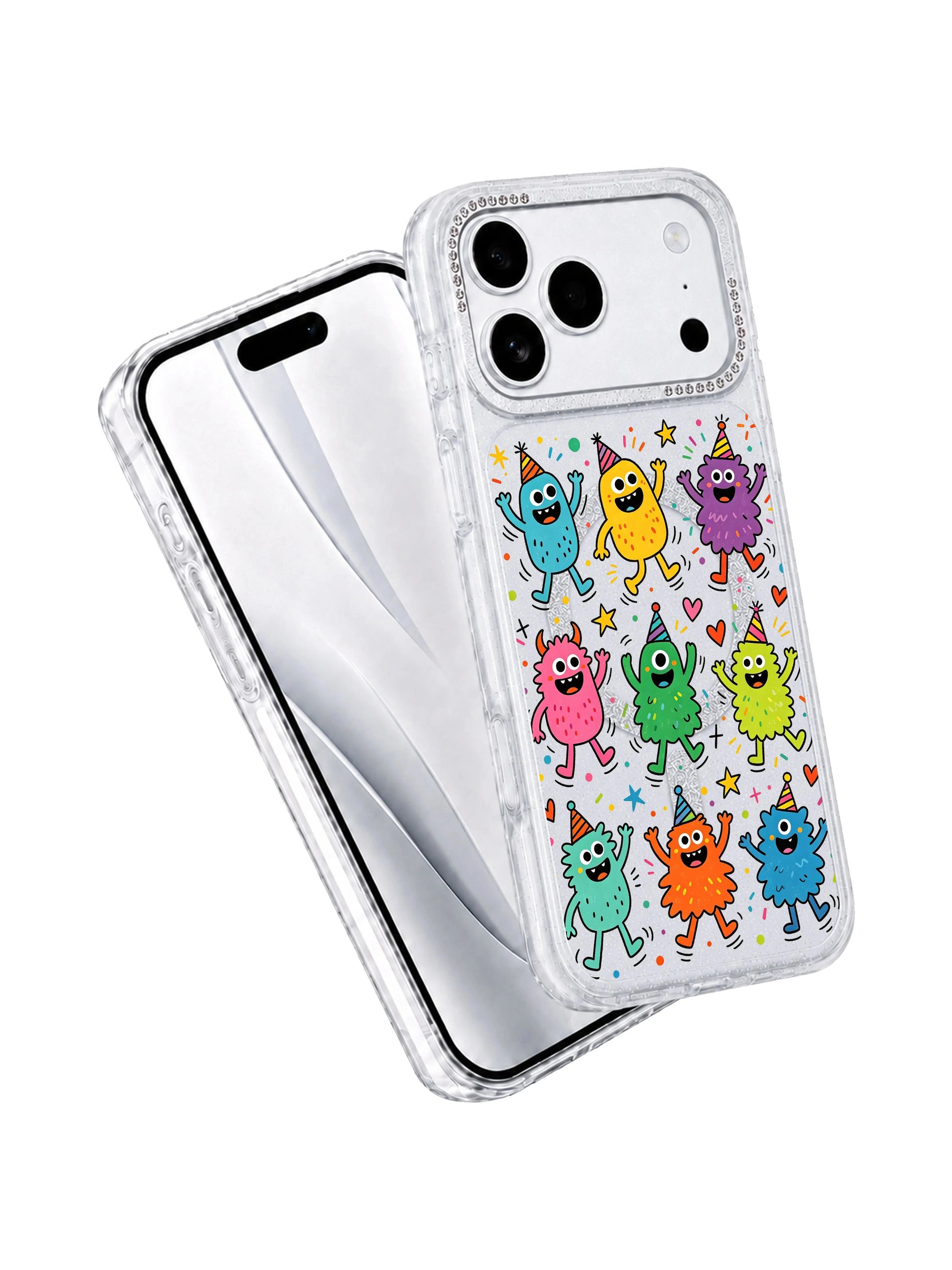 PhoneCasing full color spectrum display shot of Fun Monster Jump Squad iPhone 17 Pro Max case, vivid multicolor jumping blob monster doodles printed with scratch-proof long-lasting UV ink, complete hue showcase for iPhone 17 Pro Max casing