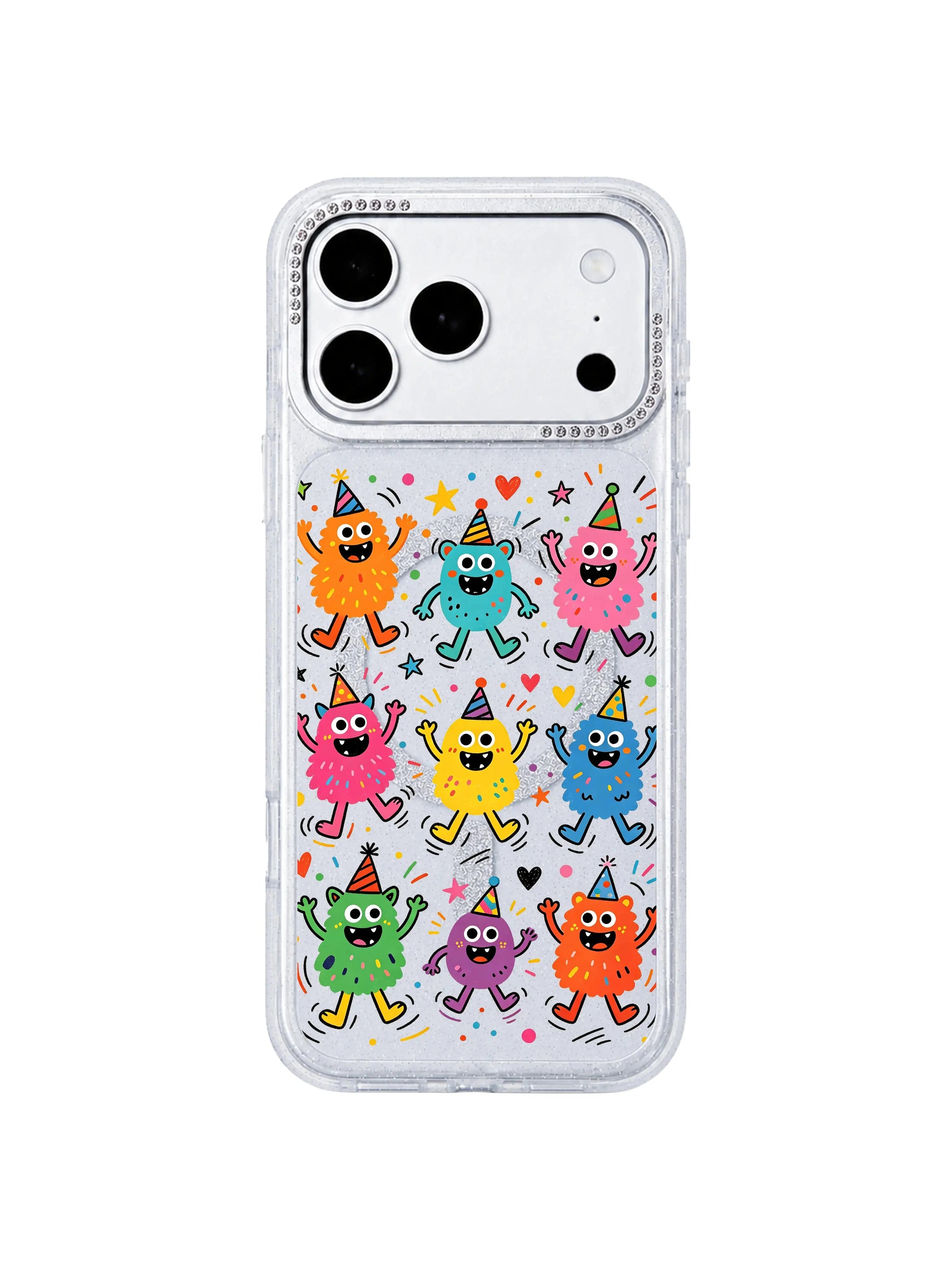 PhoneCasing partial back close-up revealing built-in MagSafe wireless charging ring inside Fun Monster Jump Squad iPhone 17 Pro Max case, seamless magnetic compatibility feature graphic for iPhone 17 Pro Max casing