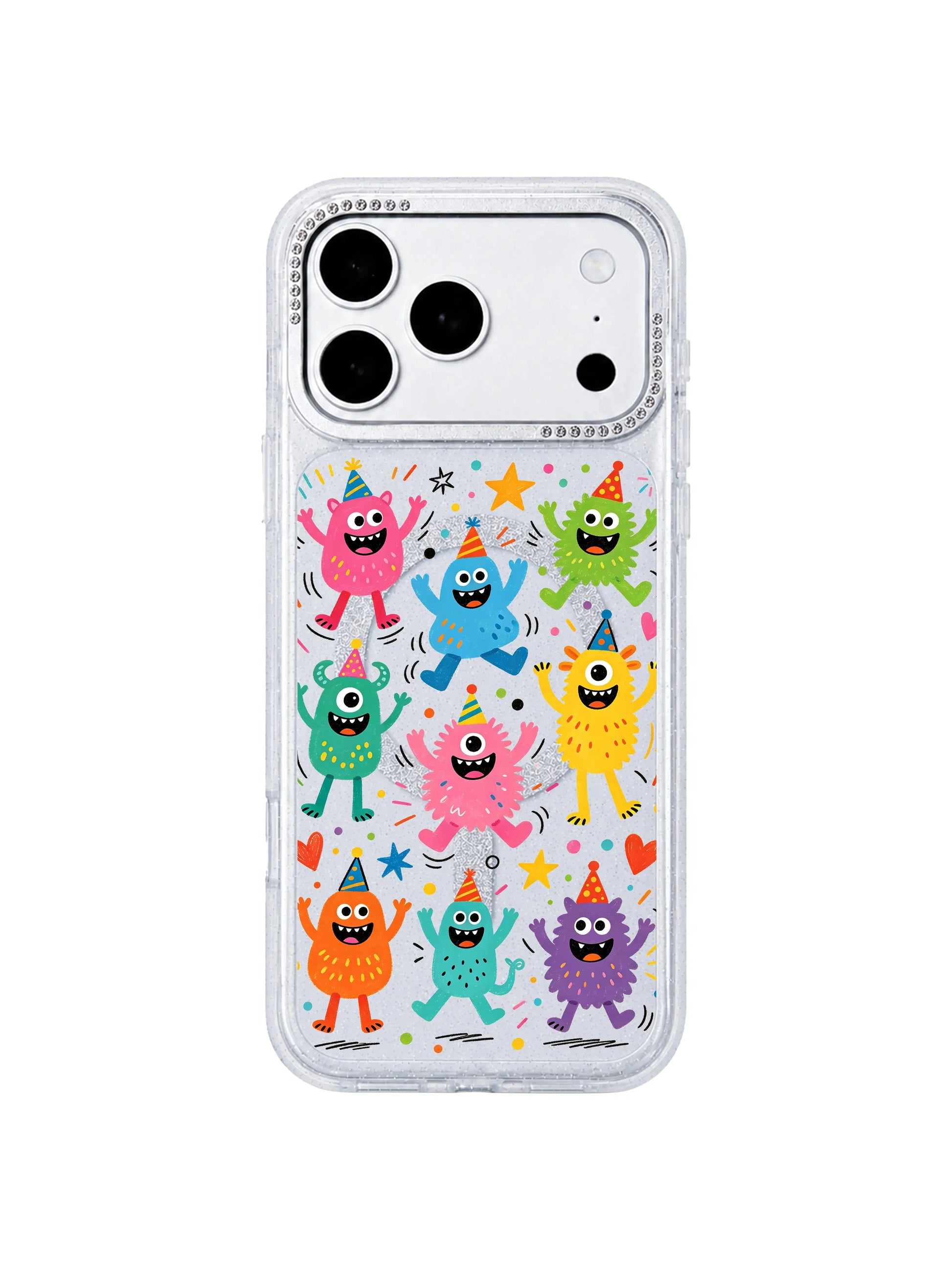 PhoneCasing indoor handheld lifestyle photo featuring Fun Monster Jump Squad iPhone 17 Pro Max case, female hand holding glitter translucent iPhone 17 Pro Max casing with joyful dancing blob monster graphics for casual daily carry search traffic