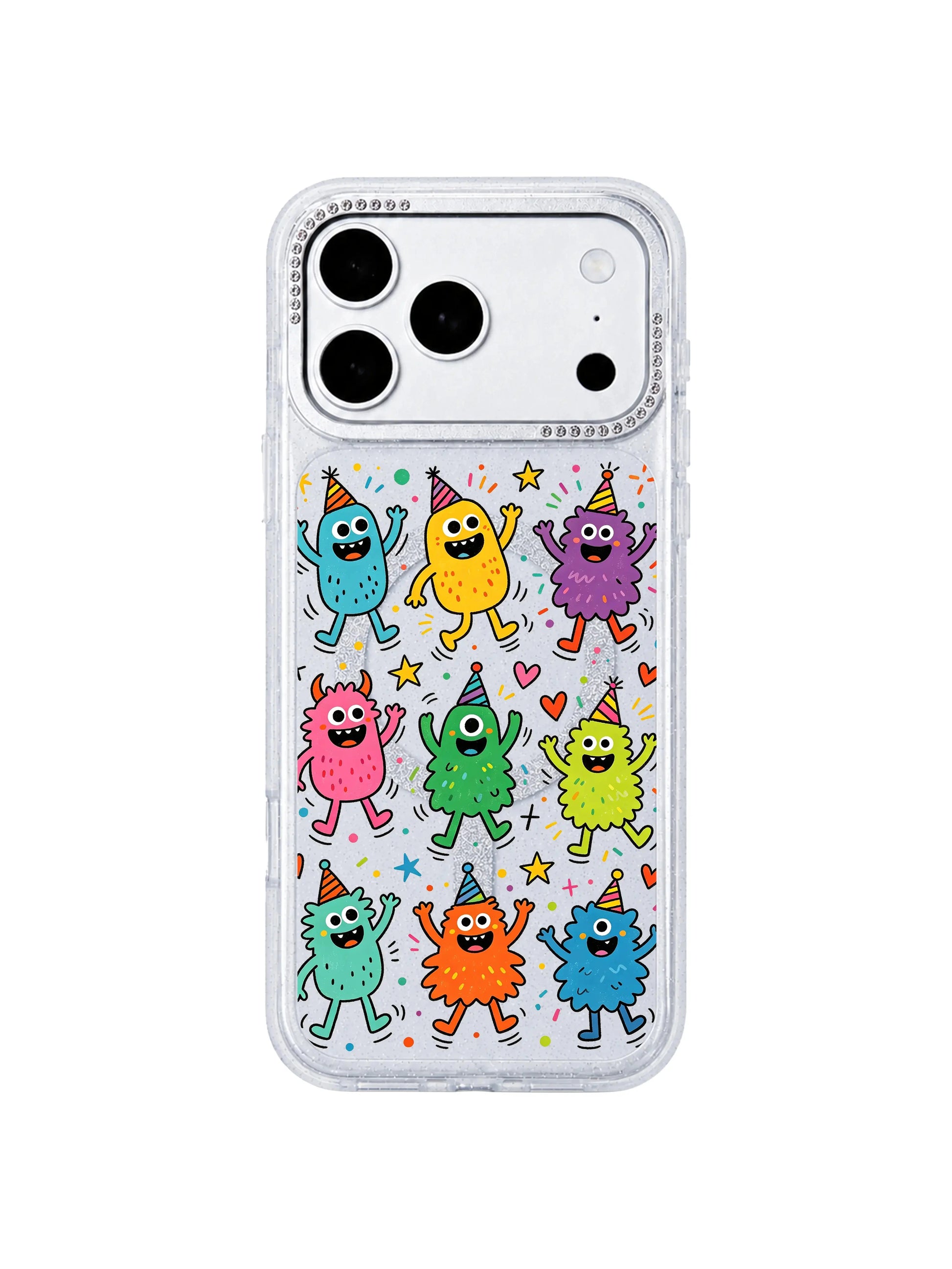 PhoneCasing neutral linen gift flat lay of Fun Monster Jump Squad iPhone 17 Pro Max case, uplifting playful party monster doodle design, ideal birthday gift visual for teen women shopping iPhone 17 Pro Max casing