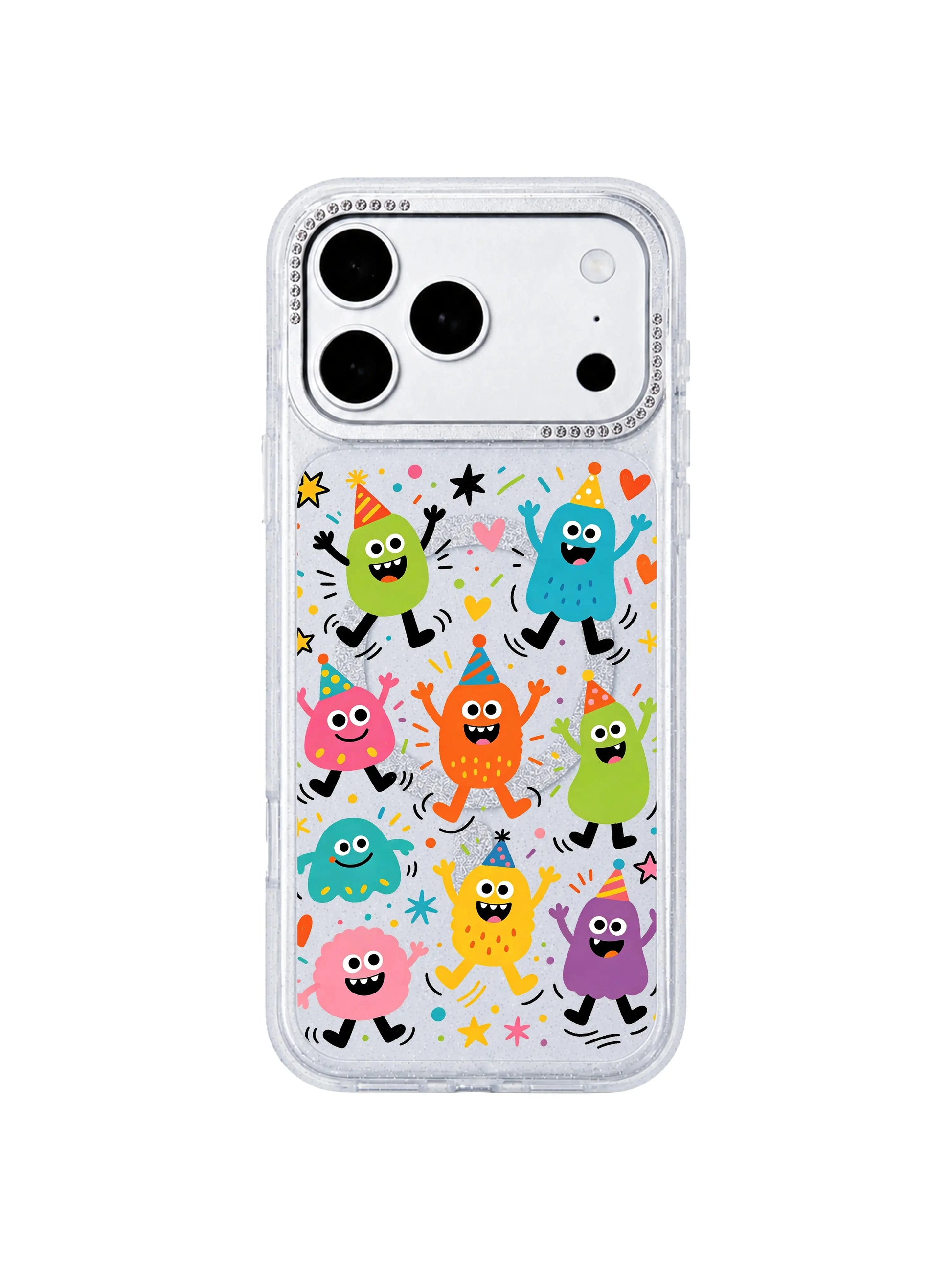 PhoneCasing exclusive Milo Popkins Fun Monster Jump Squad iPhone 17 Pro Max case, flat front mockup of glitter rhinestone hourglass protective iPhone 17 Pro Max casing, colorful party blob monsters dancing with star heart confetti for store homepage display