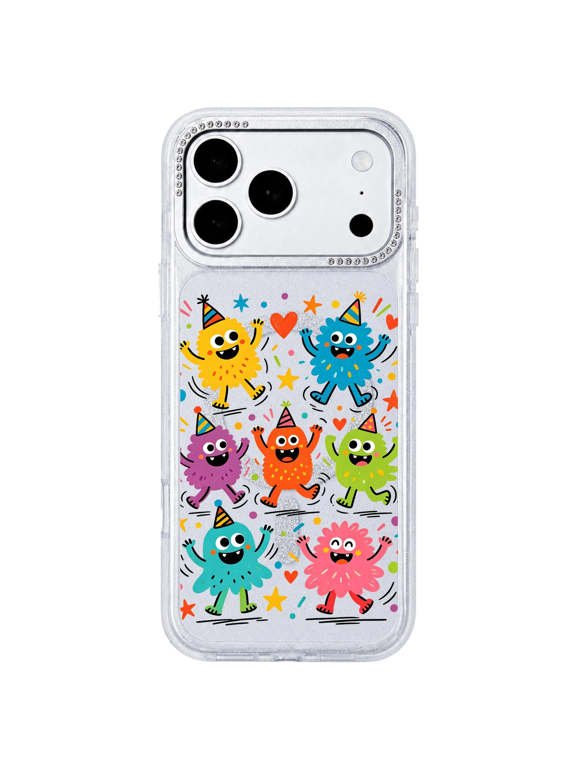 PhoneCasing outdoor street lifestyle photograph of blonde model holding Fun Monster Jump Squad iPhone 17 Pro Max case, lively cheerful party monster cartoon print, high-aesthetic asset to boost Google image ranking for iPhone 17 Pro Max case