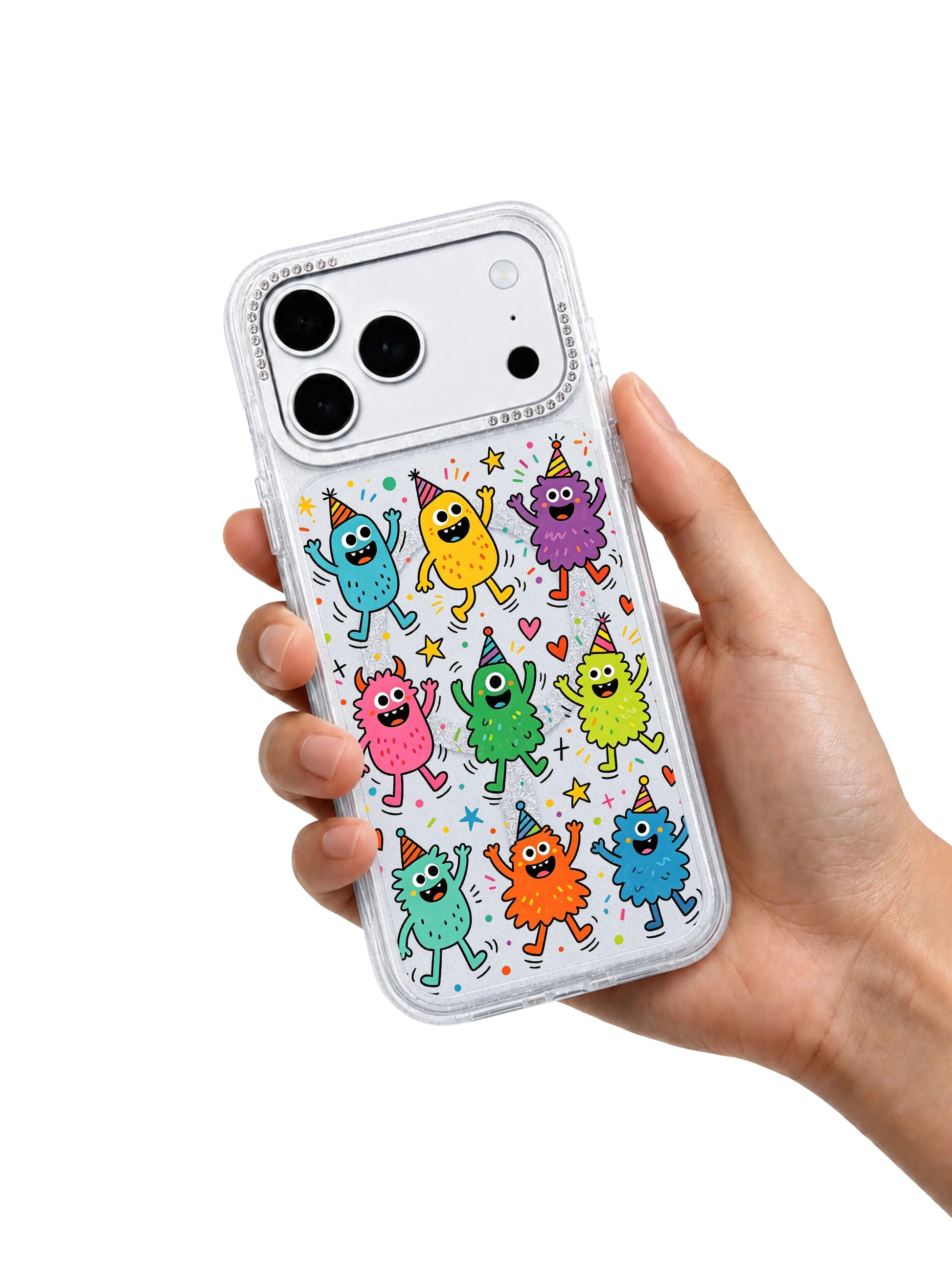 PhoneCasing character macro shot of party hat wearing jumping blob monsters representing positive uplifting joy on Fun Monster Jump Squad iPhone 17 Pro Max case, Milo Popkins signature lively naive doodle art on glitter clear iPhone 17 Pro Max casing