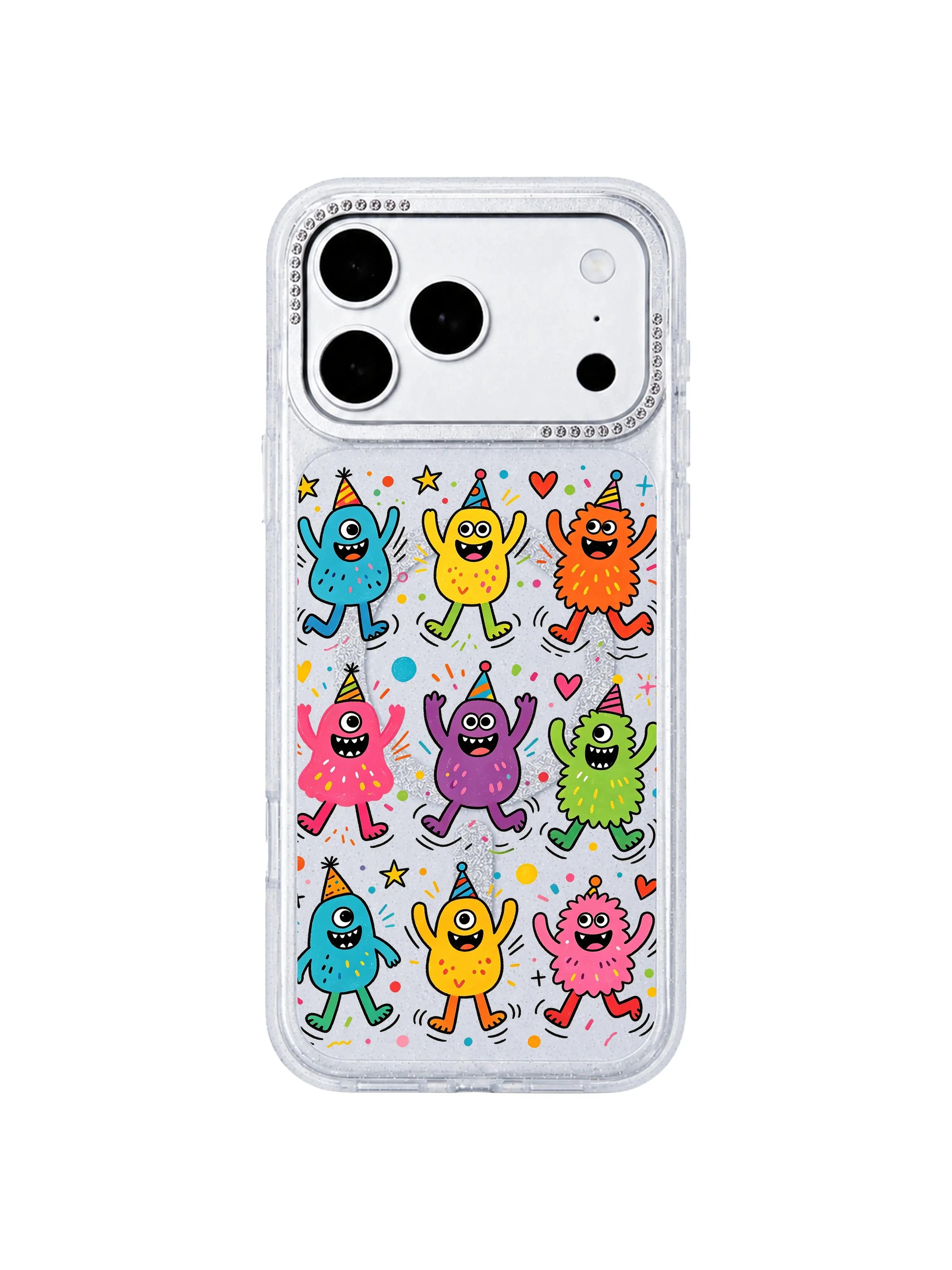 PhoneCasing macro art close-up of original Milo Popkins Fun Monster Jump Squad print on iPhone 17 Pro Max case, fine texture of multicolored jumping blob monsters, star heart confetti, fade-resistant UV ink detail for iPhone 17 Pro Max casing
