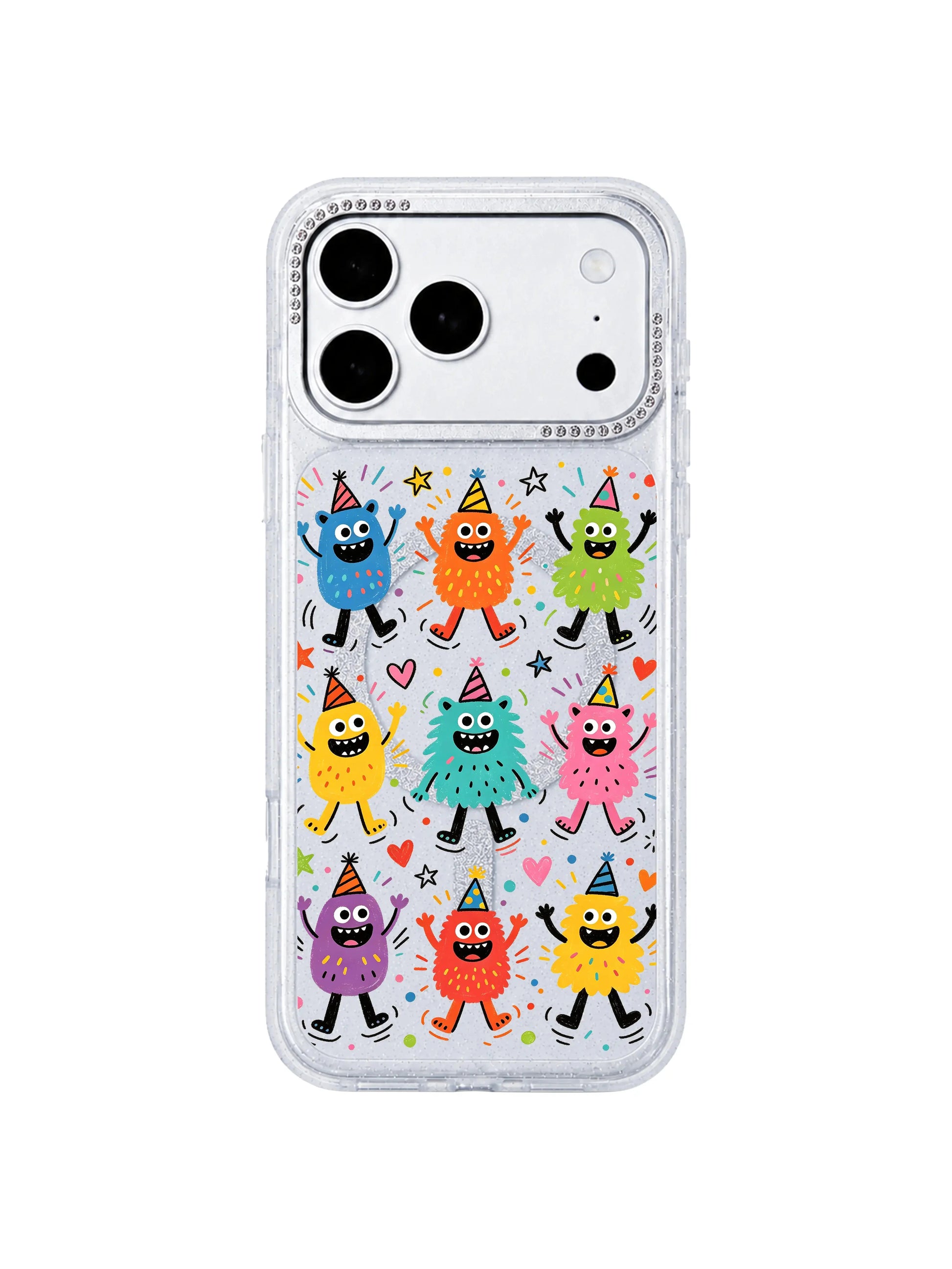 PhoneCasing close-up banner of crystal rhinestone camera bezel on Fun Monster Jump Squad iPhone 17 Pro Max case, raised scratch-resistant lens lip highlight for luxury style iPhone 17 Pro Max casing