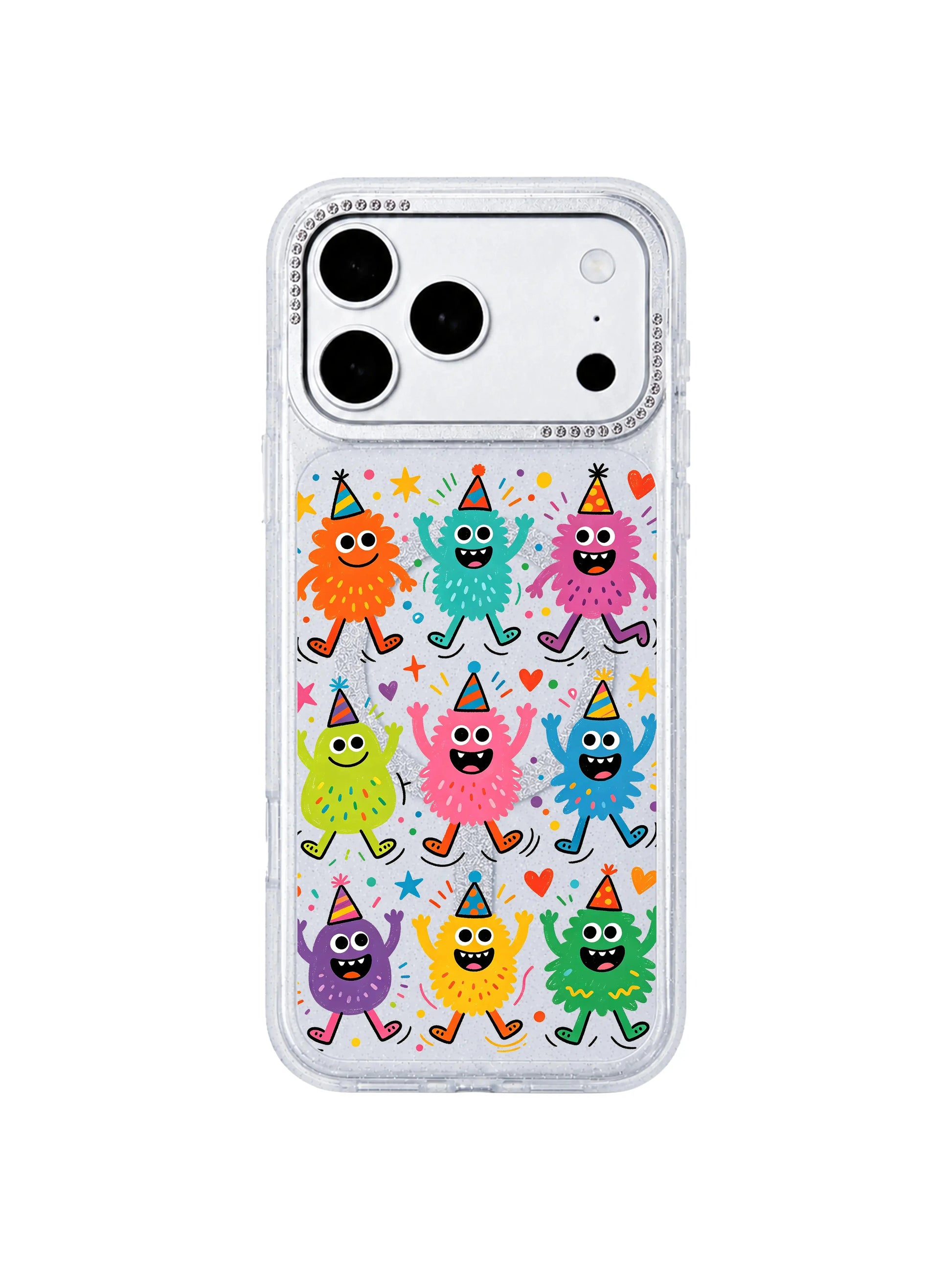 PhoneCasing split dual device mockup featuring Fun Monster Jump Squad iPhone 17 Pro Max case, translucent glitter silicone iPhone 17 Pro Max casing paired with blank silver iPhone 17 Pro Max front panel, full playful kidcore party monster print coverage