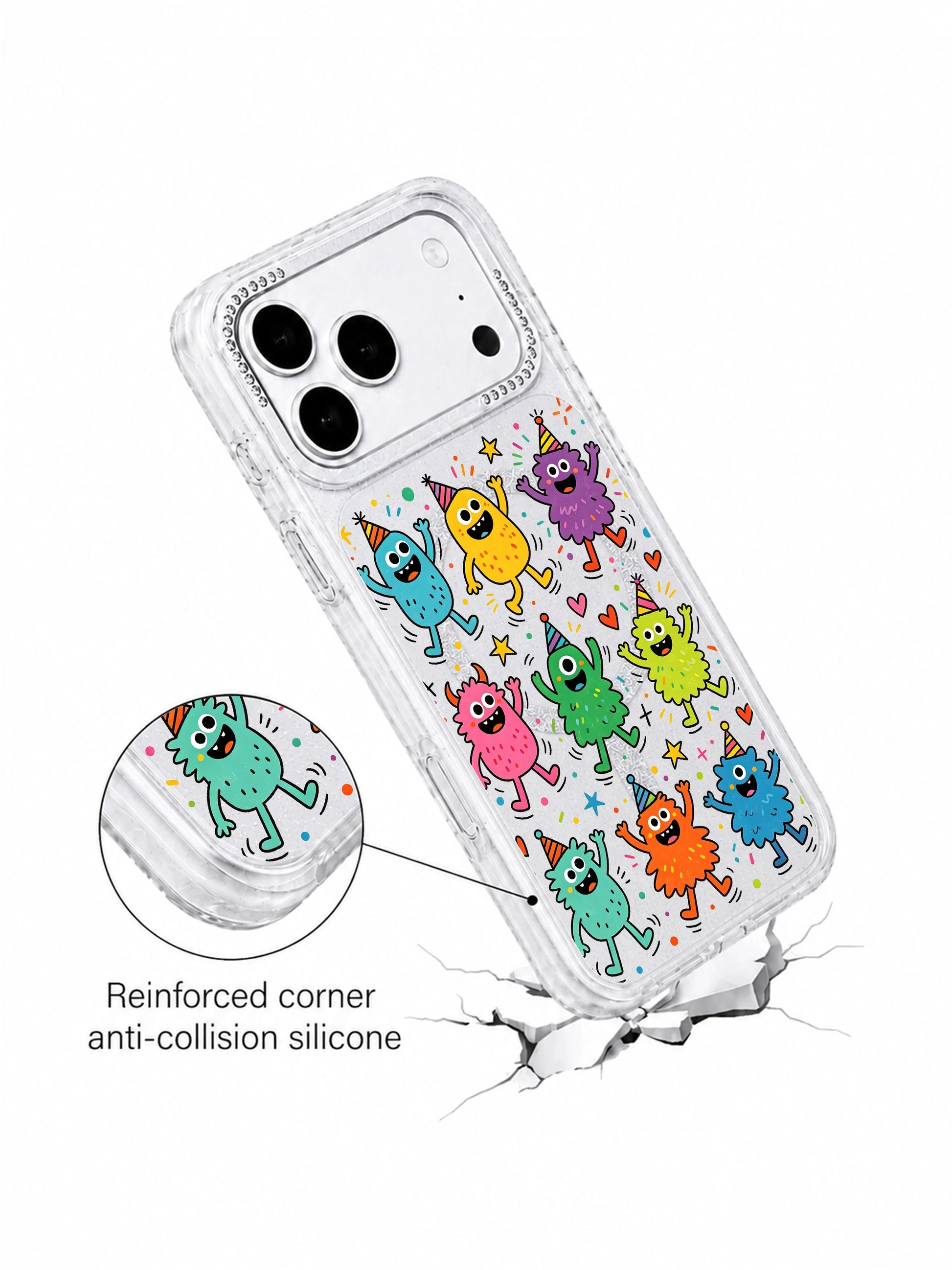 PhoneCasing decorative element close-up of hand-drawn stars, hearts and confetti scattered around jumping blob monster characters on Fun Monster Jump Squad iPhone 17 Pro Max case, upbeat party-themed storytelling graphic for iPhone 17 Pro Max casing copy
