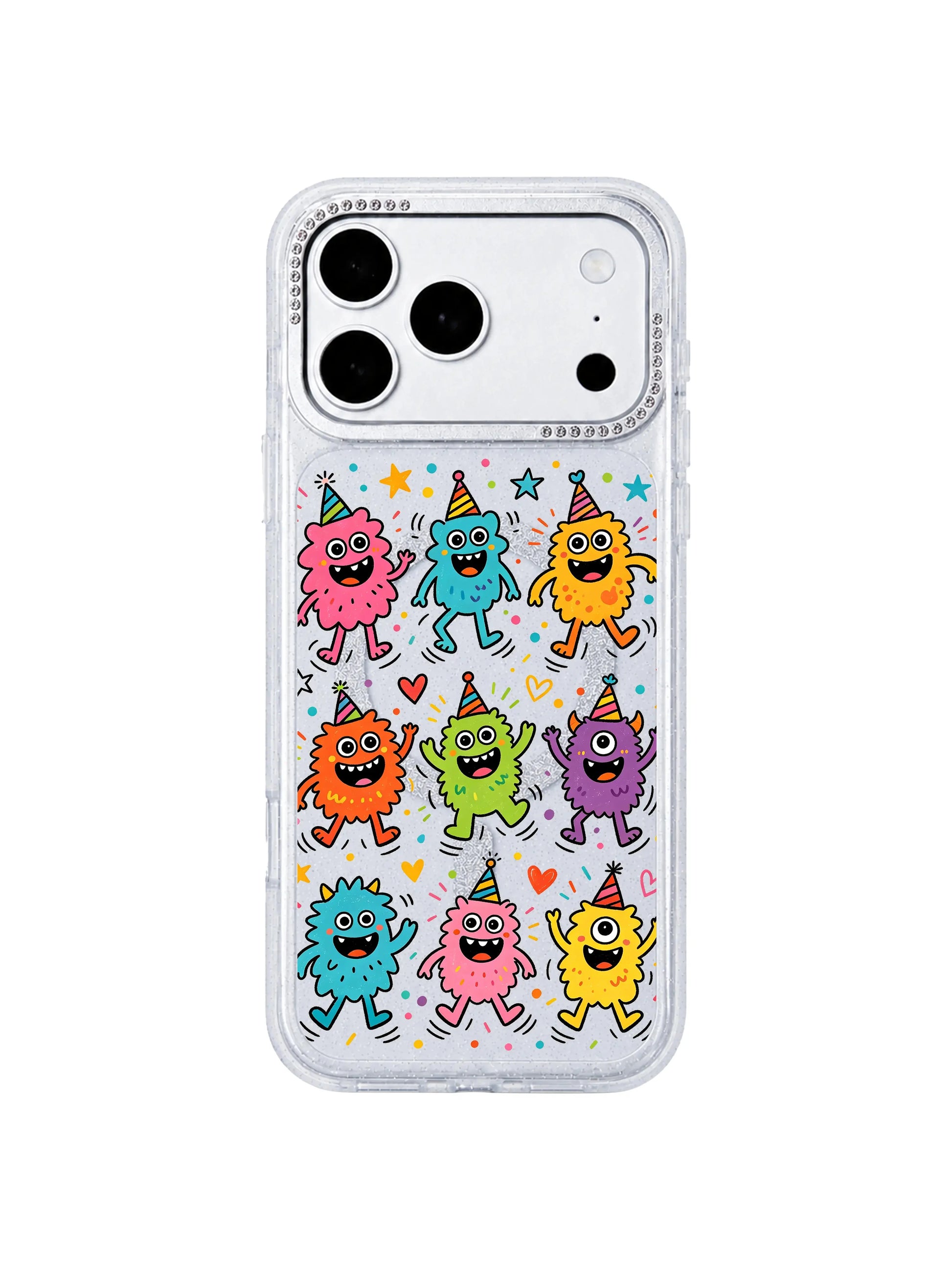 PhoneCasing hourglass phone case three-sided technical graphic for Fun Monster Jump Squad iPhone 17 Pro Max case, showing front artwork, slim glitter side frame and rhinestone camera trim, used for iPhone 17 Pro Max casing product description page
