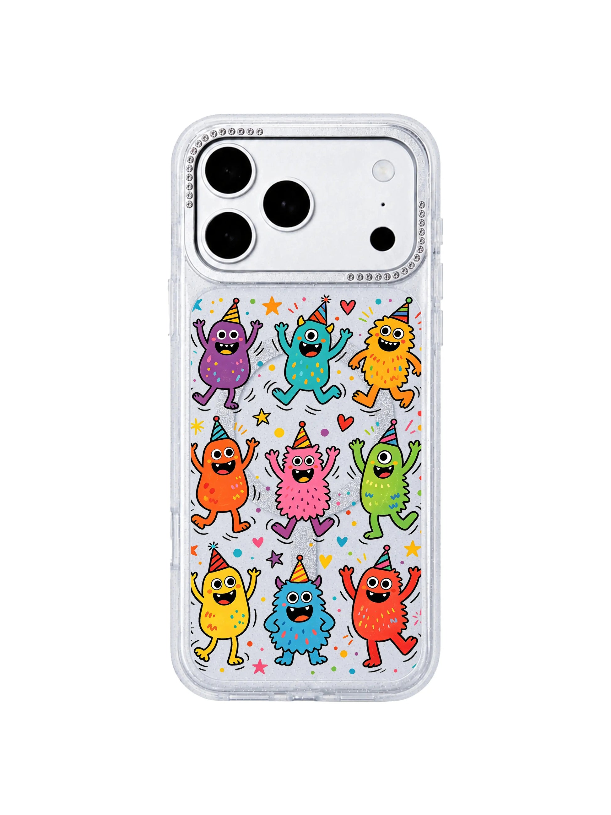 PhoneCasing minimalist pure white background product mockup of Fun Monster Jump Squad iPhone 17 Pro Max case, transparent glitter iPhone 17 Pro Max casing optimized for social media, email marketing and paid ad creatives