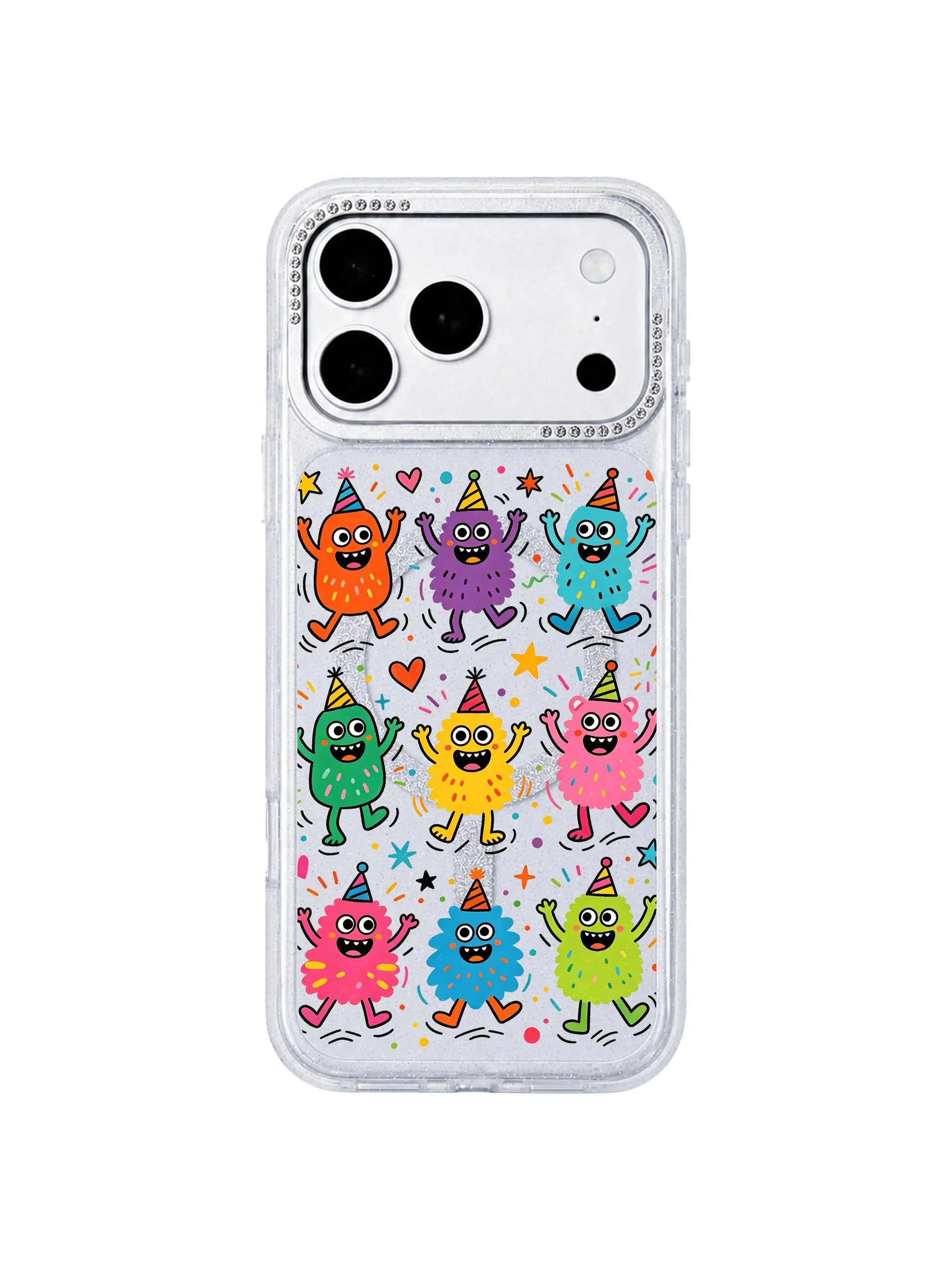PhoneCasing wide horizontal homepage category banner with full Fun Monster Jump Squad pattern grid print on iPhone 17 Pro Max case, complete layout of bright jumping blob monster characters, collection hero banner for iPhone 17 Pro Max case category page