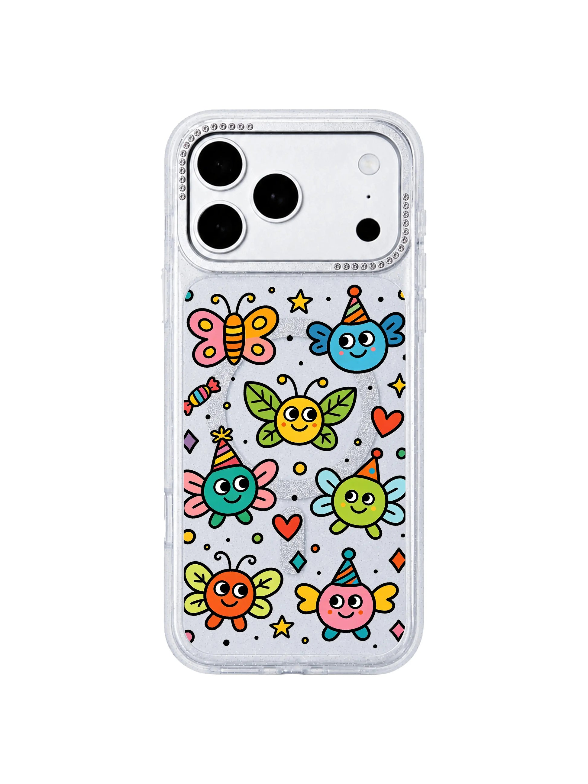 PhoneCasing dual-angle overview graphic of Funny Wing Day iPhone 17 Pro Max case, front artwork panel plus side rhinestone lens frame combined visual for product carousel slide iPhone 17 Pro Max casing listing