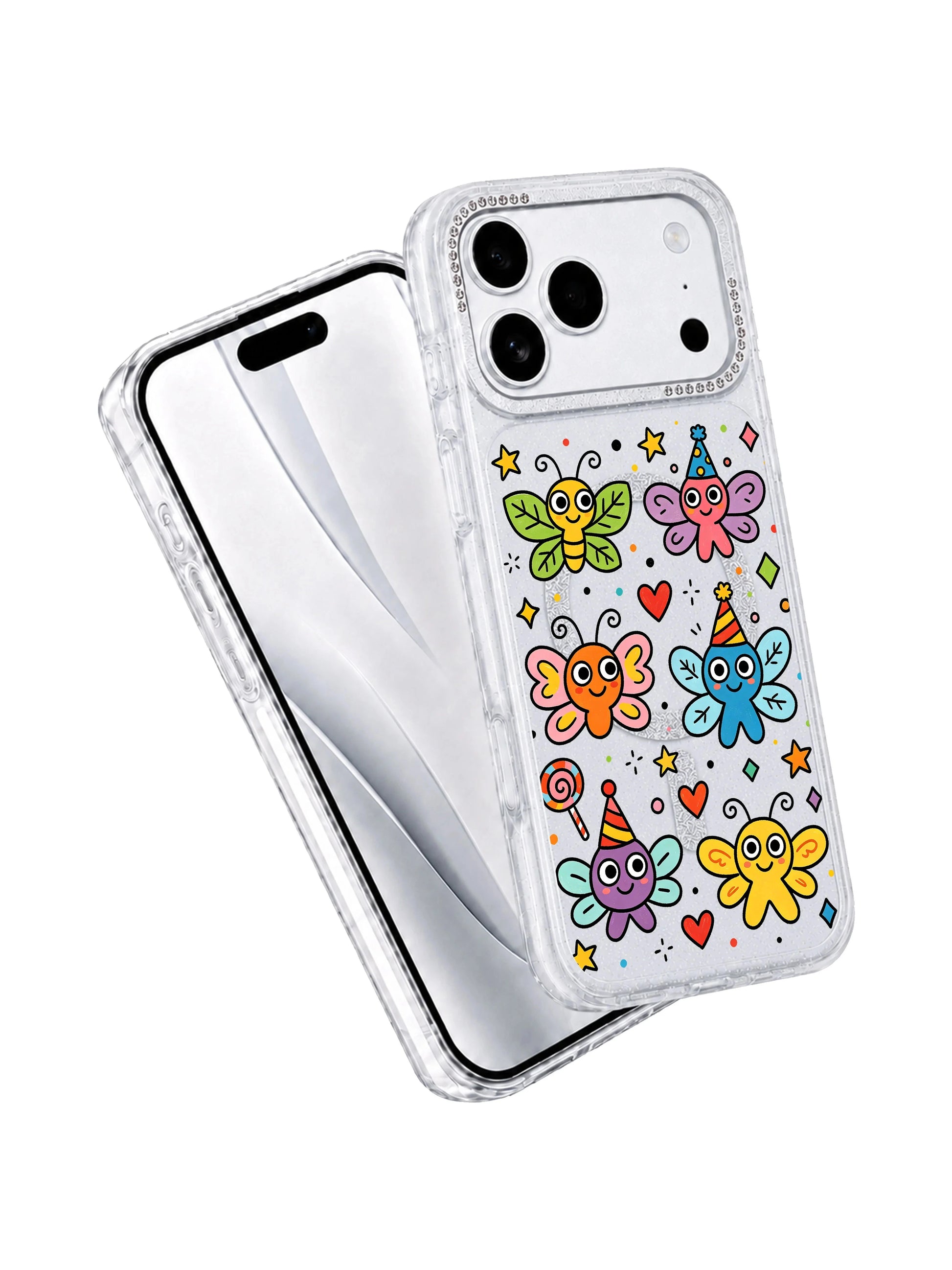 PhoneCasing split dual device mockup displaying Funny Wing Day iPhone 17 Pro Max case, transparent glitter silicone protective casing paired with blank iPhone 17 Pro Max front screen, full pattern coverage showcase for premium artist collaboration iPhone 17 Pro Max casing