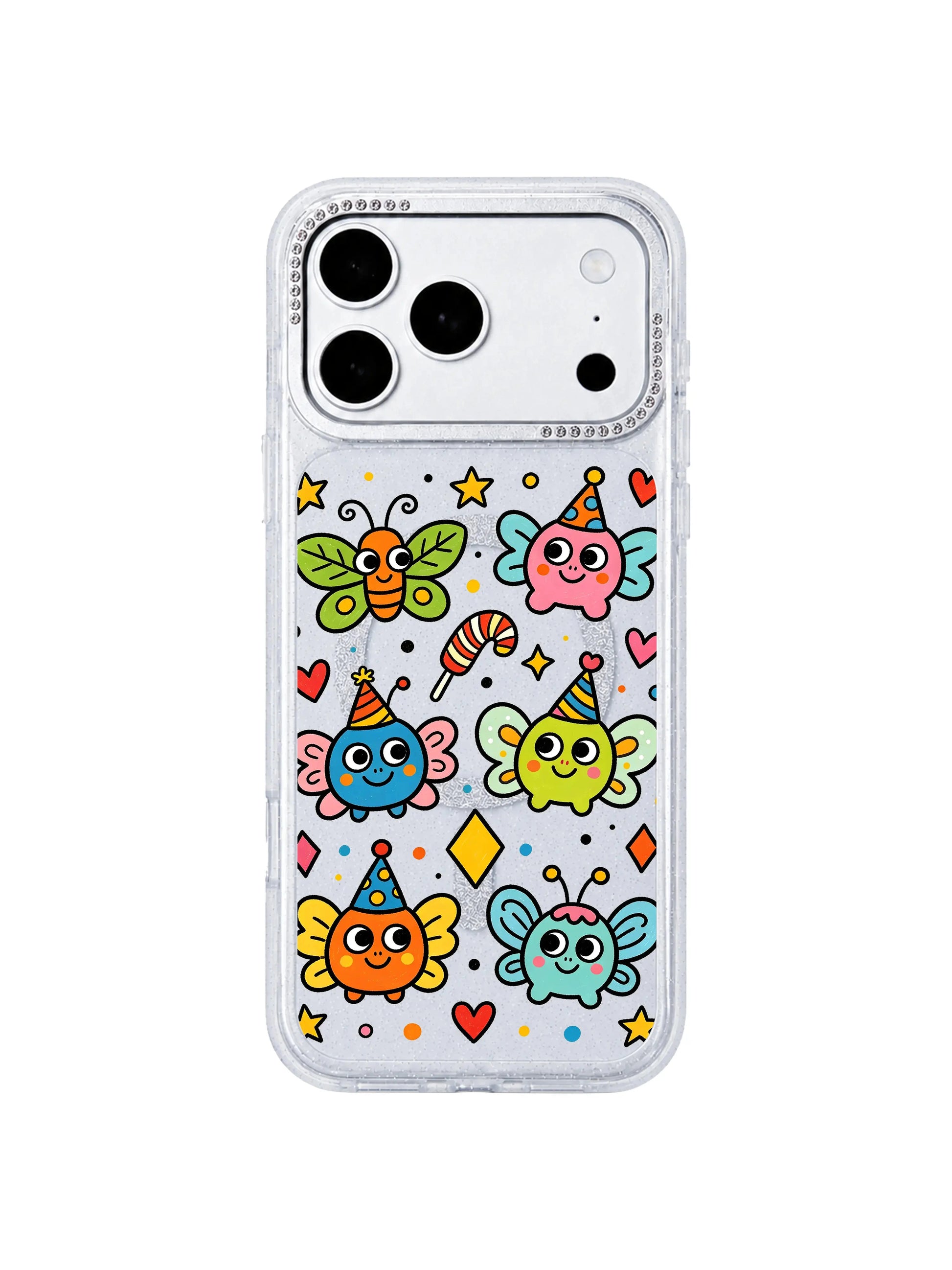  PhoneCasing full color display shot of Funny Wing Day iPhone 17 Pro Max case, saturated multicolor whimsical wing bug doodles printed with long-wearing scratch-proof UV ink, all-hue showcase iPhone 17 Pro Max casing