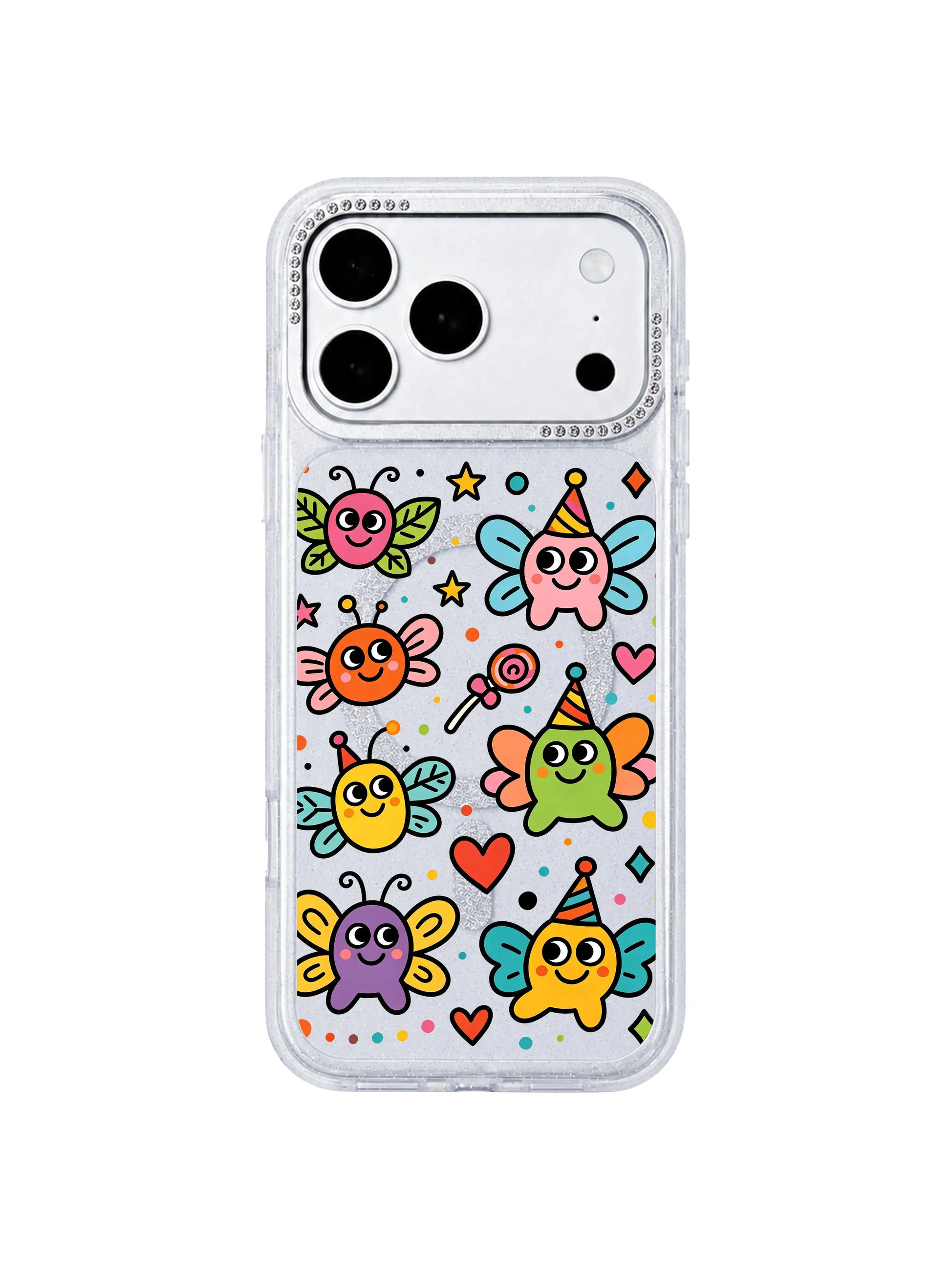 PhoneCasing macro art closeup of original Milo Popkins Funny Wing Day print on iPhone 17 Pro Max case, detailed leaf candy butterfly wing bug characters and scattered heart star confetti, fade-resistant UV archival print iPhone 17 Pro Max casing texture shot