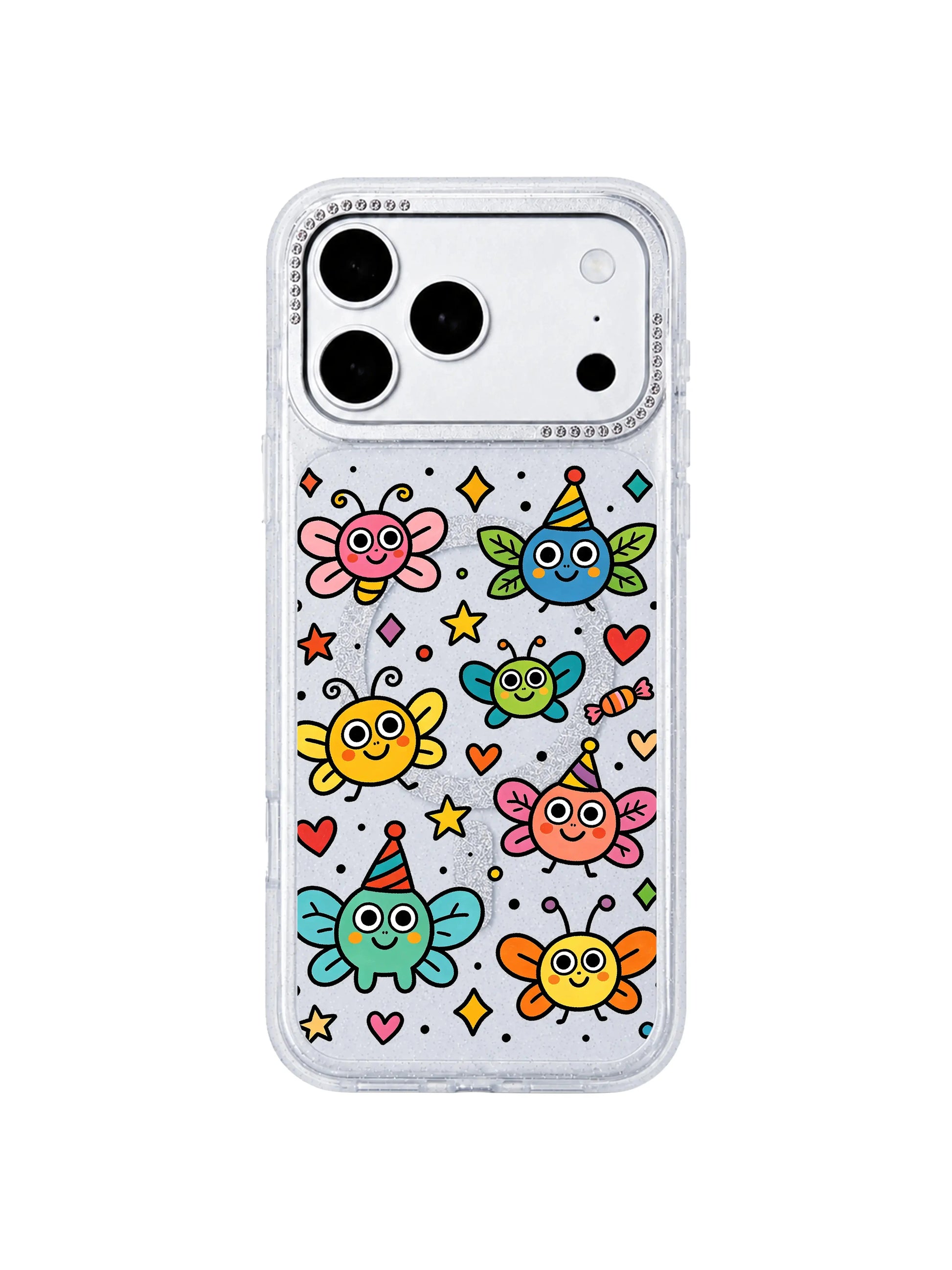 PhoneCasing group preview display shot of full Funny Wing Day pattern lineup on iPhone 17 Pro Max case, complete set of unique leaf, candy, ribbon wing bug creature designs, collection overview graphic for iPhone 17 Pro Max casing category page