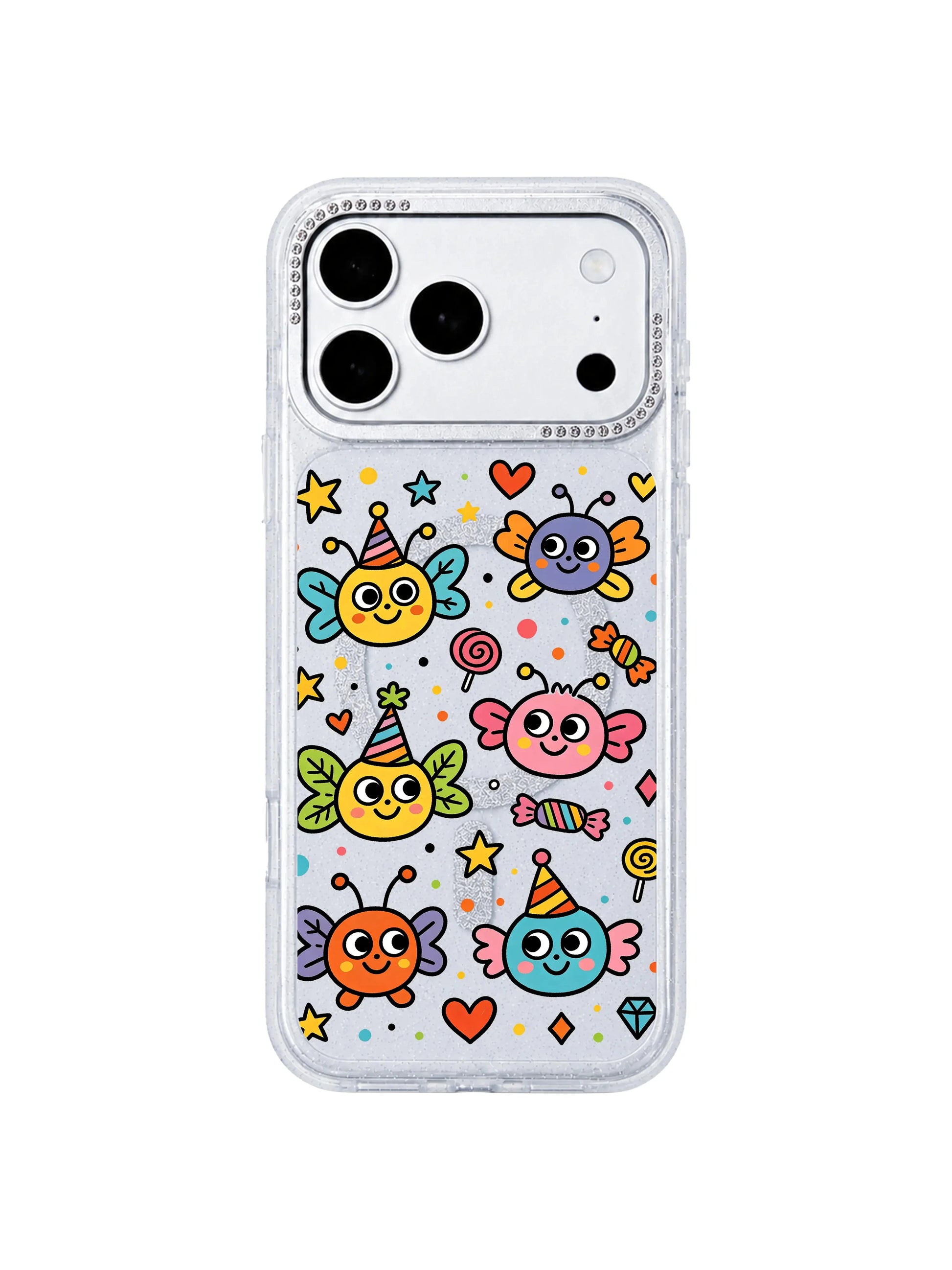  PhoneCasing texture macro image of shimmer translucent silver glitter clear base on Funny Wing Day iPhone 17 Pro Max case, light-catching background that makes bright wing bug doodles pop, slim lightweight iPhone 17 Pro Max protective casing texture detail
