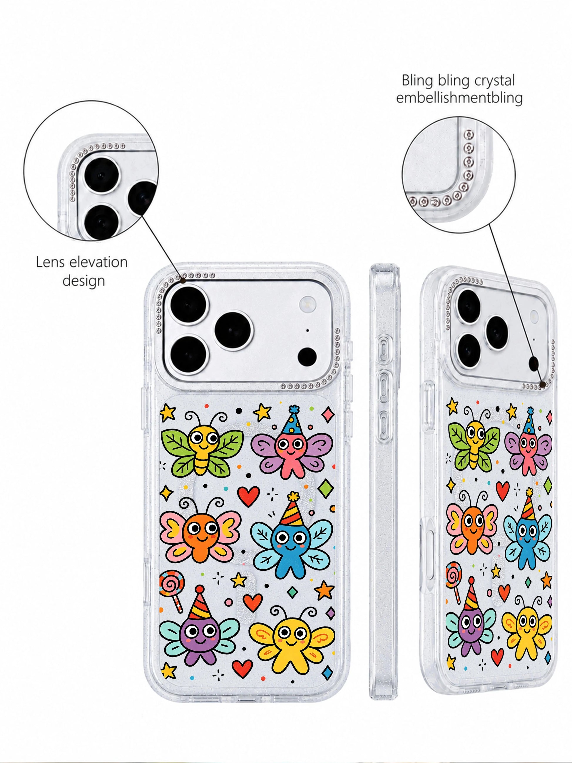  PhoneCasing indoor handheld lifestyle photo with Funny Wing Day iPhone 17 Pro Max case, vibrant kidcore winged bug party print on shimmer glitter clear casing, casual everyday carry asset for iPhone 17 Pro Max case social media traffic