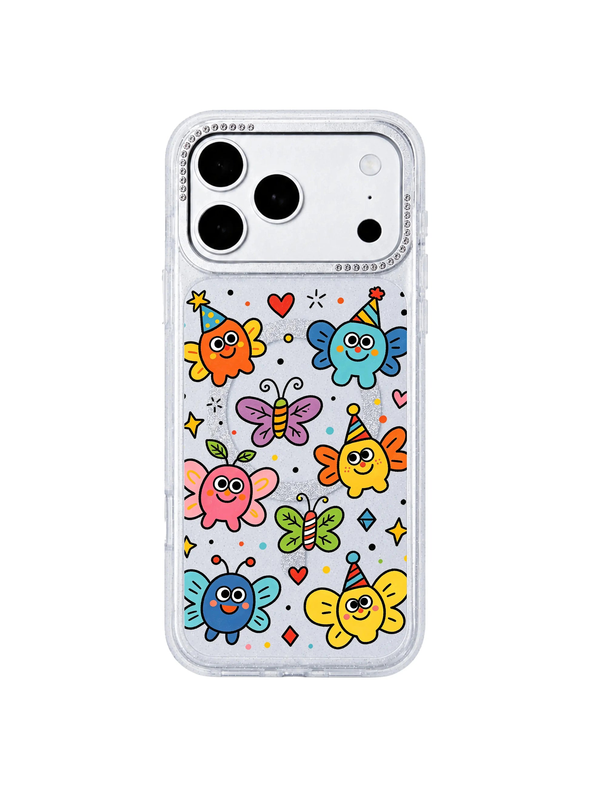 PhoneCasing decorative element closeup of hand-drawn hearts, lollipops, candy, stars and geometric confetti scattered around winged bugs on Funny Wing Day iPhone 17 Pro Max case, core theme storytelling graphic for narrative-focused iPhone 17 Pro Max casing copy