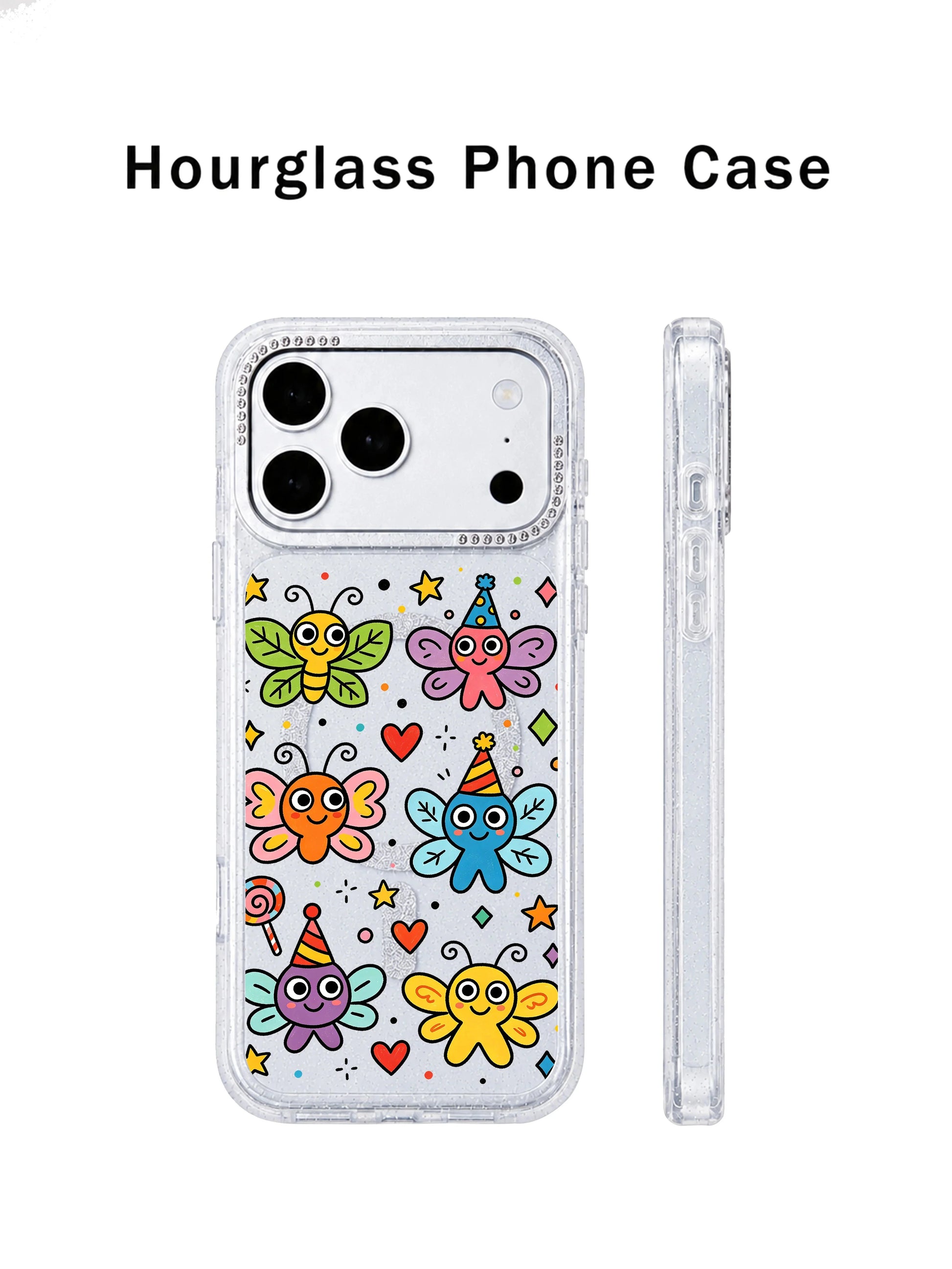 PhoneCasing hourglass phone case three-view diagram for Funny Wing Day iPhone 17 Pro Max case, front artwork panel plus slim side profile highlighting thin glitter frame, informational banner asset for iPhone 17 Pro Max casing product description section