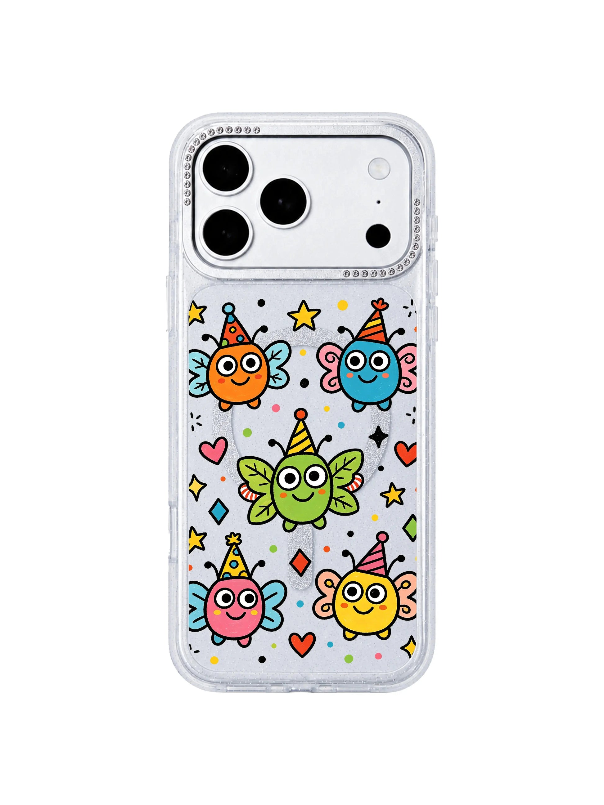 PhoneCasing minimalist isolated product mockup of Funny Wing Day iPhone 17 Pro Max case, transparent glitter casing on blank white background, clean ad asset for paid social and email marketing iPhone 17 Pro Max casing
