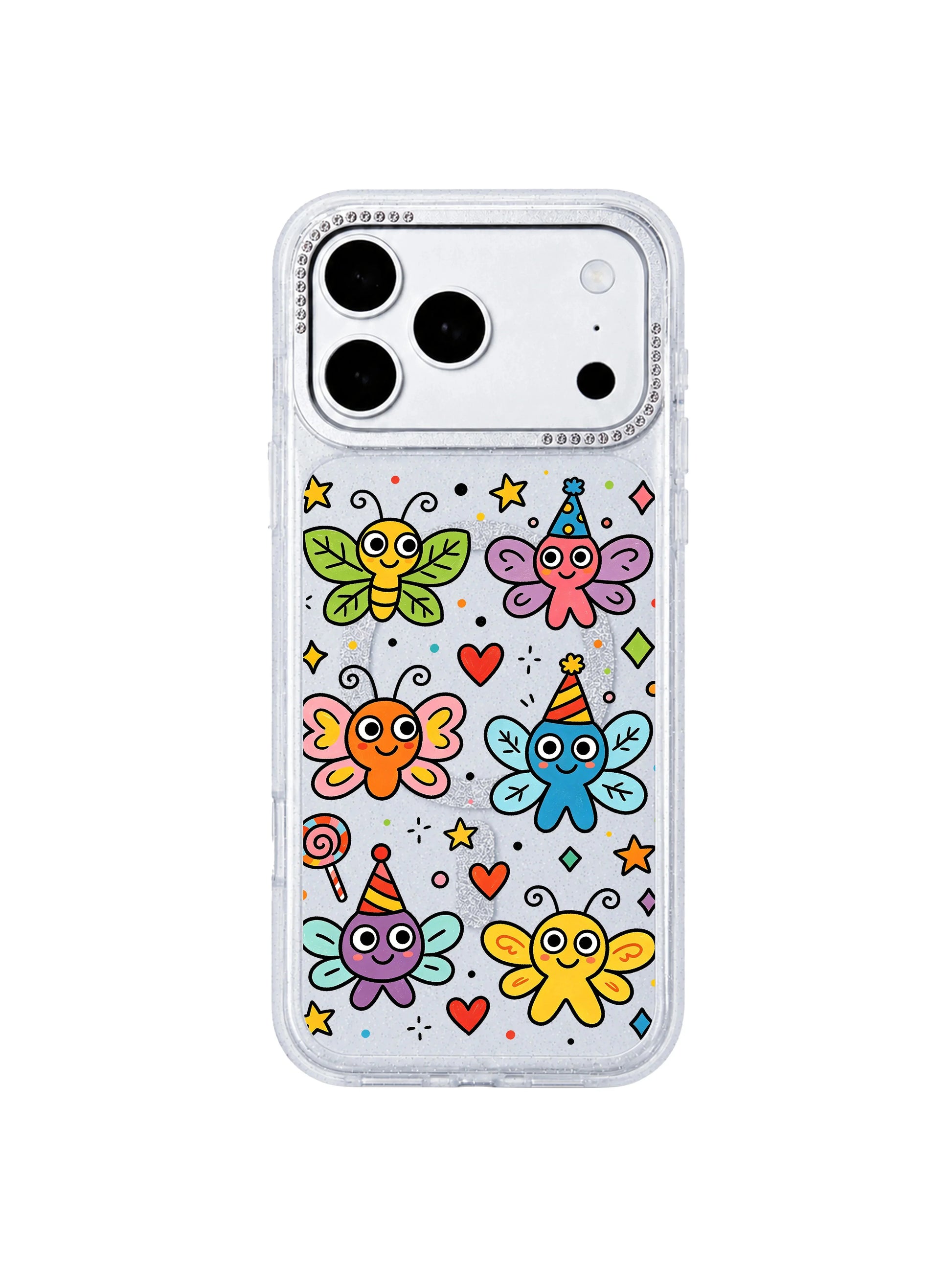 PhoneCasing exclusive Milo Popkins Funny Wing Day iPhone 17 Pro Max case, primary flat product shot of glitter hourglass protective casing printed with colorful winged party bug doodles, heart candy star geometric confetti, main hero graphic for iPhone 17 Pro Max casing homepage listing
