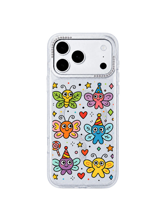 PhoneCasing exclusive Milo Popkins Funny Wing Day iPhone 17 Pro Max case, primary flat product shot of glitter hourglass protective casing printed with colorful winged party bug doodles, heart candy star geometric confetti, main hero graphic for iPhone 17 Pro Max casing homepage listing