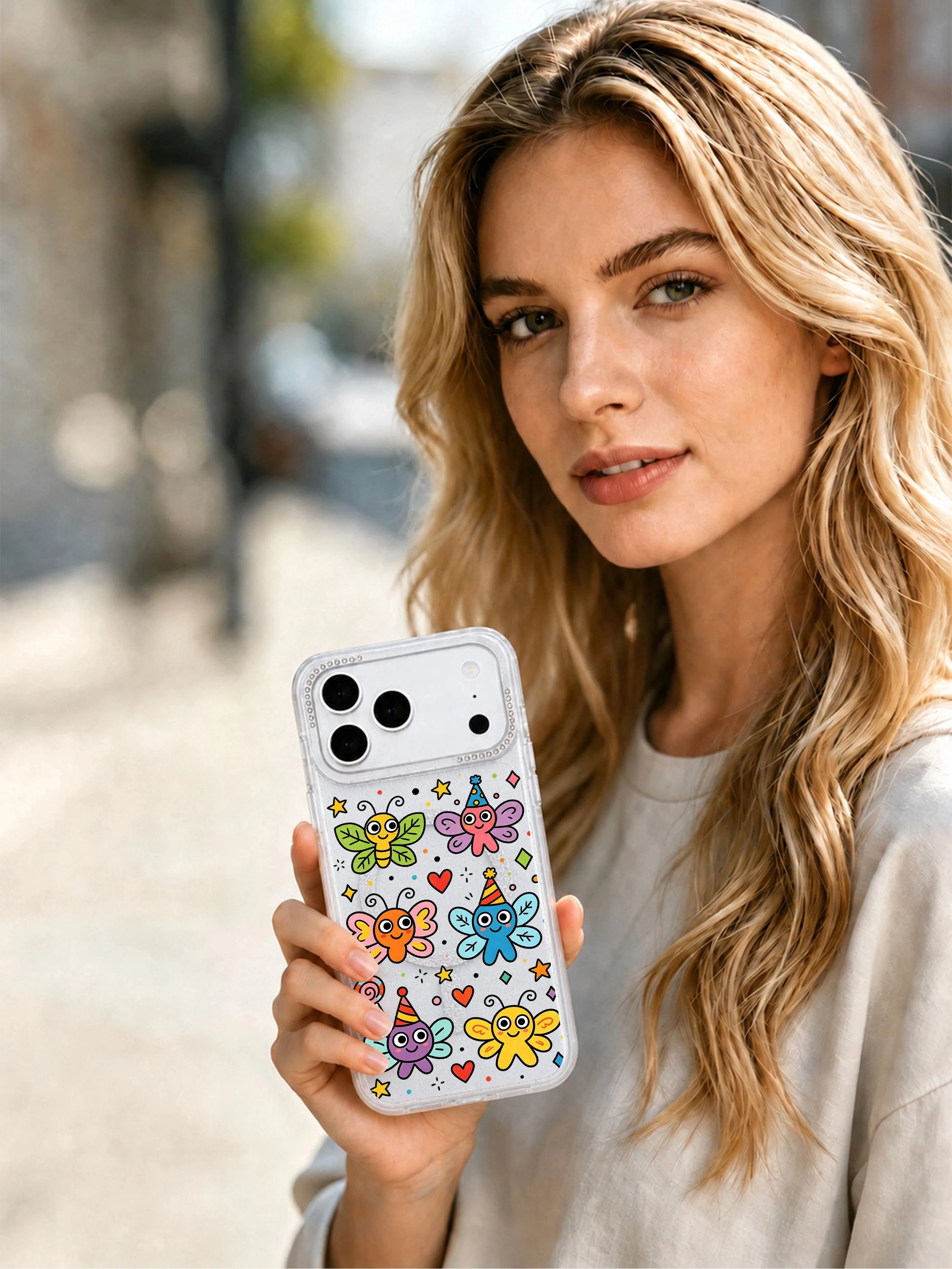PhoneCasing outdoor street lifestyle photograph of blonde model holding Funny Wing Day iPhone 17 Pro Max case, uplifting whimsical wing monster doodle art, aesthetic lifestyle graphic to boost organic search for iPhone 17 Pro Max case