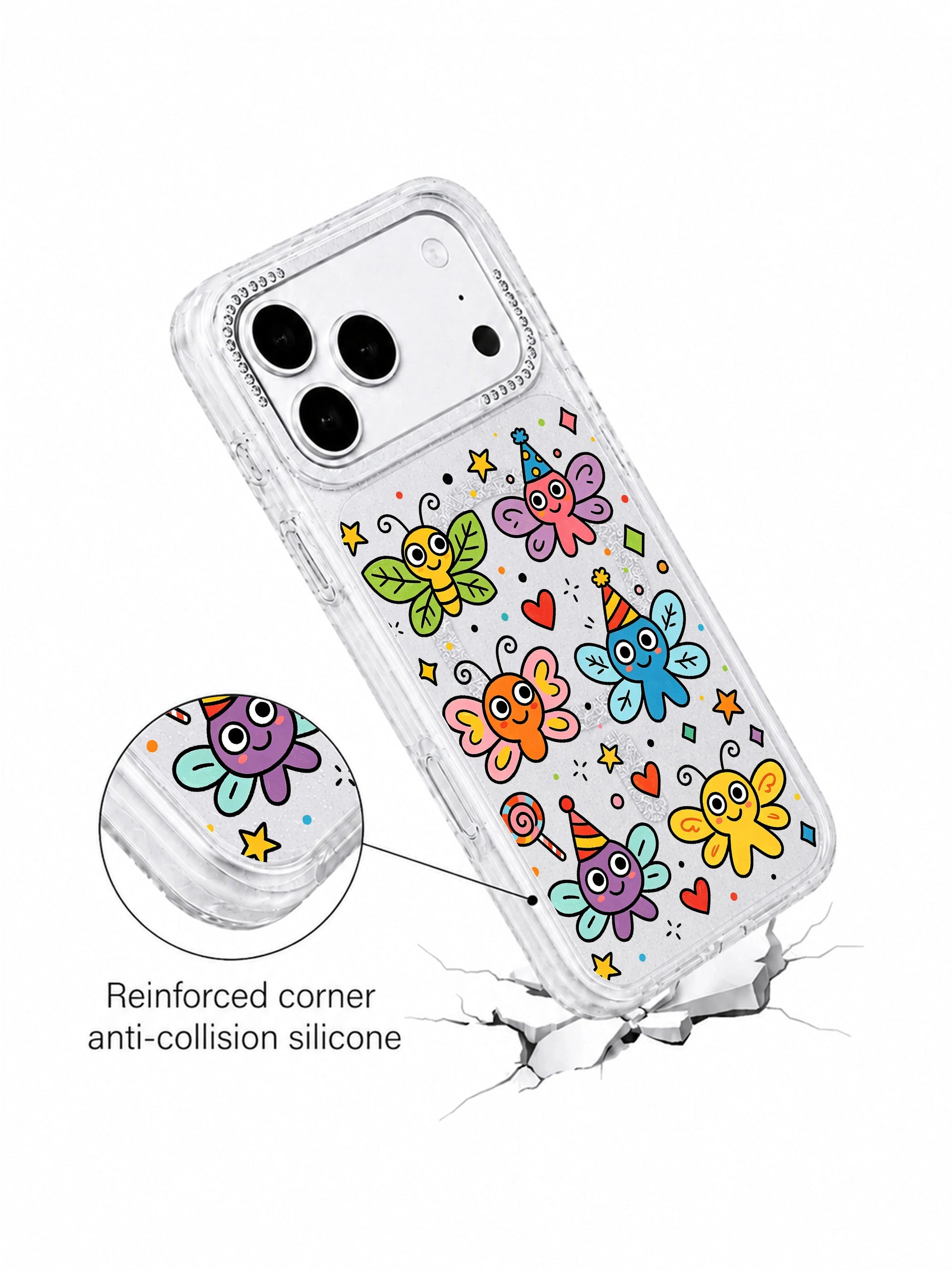  PhoneCasing anti-collision silicone reinforced corner demonstration shot for Funny Wing Day iPhone 17 Pro Max case, crack test visual to show durable drop-resistant daily-use iPhone 17 Pro Max protective casing

