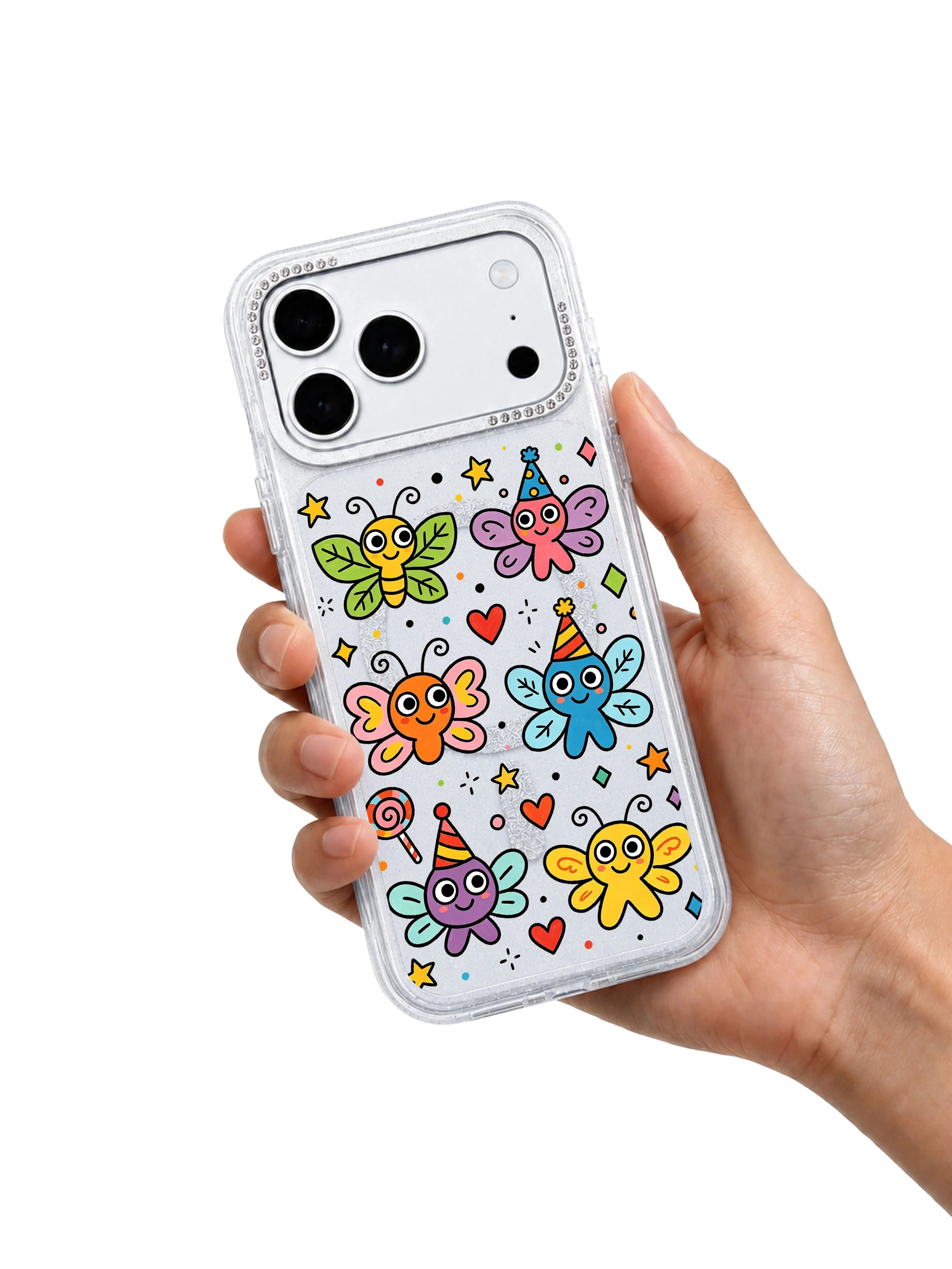 PhoneCasing zoomed detail banner of crystal rhinestone camera trim on Funny Wing Day iPhone 17 Pro Max case, raised scratch-proof lens protection selling point graphic for luxury iPhone 17 Pro Max casing