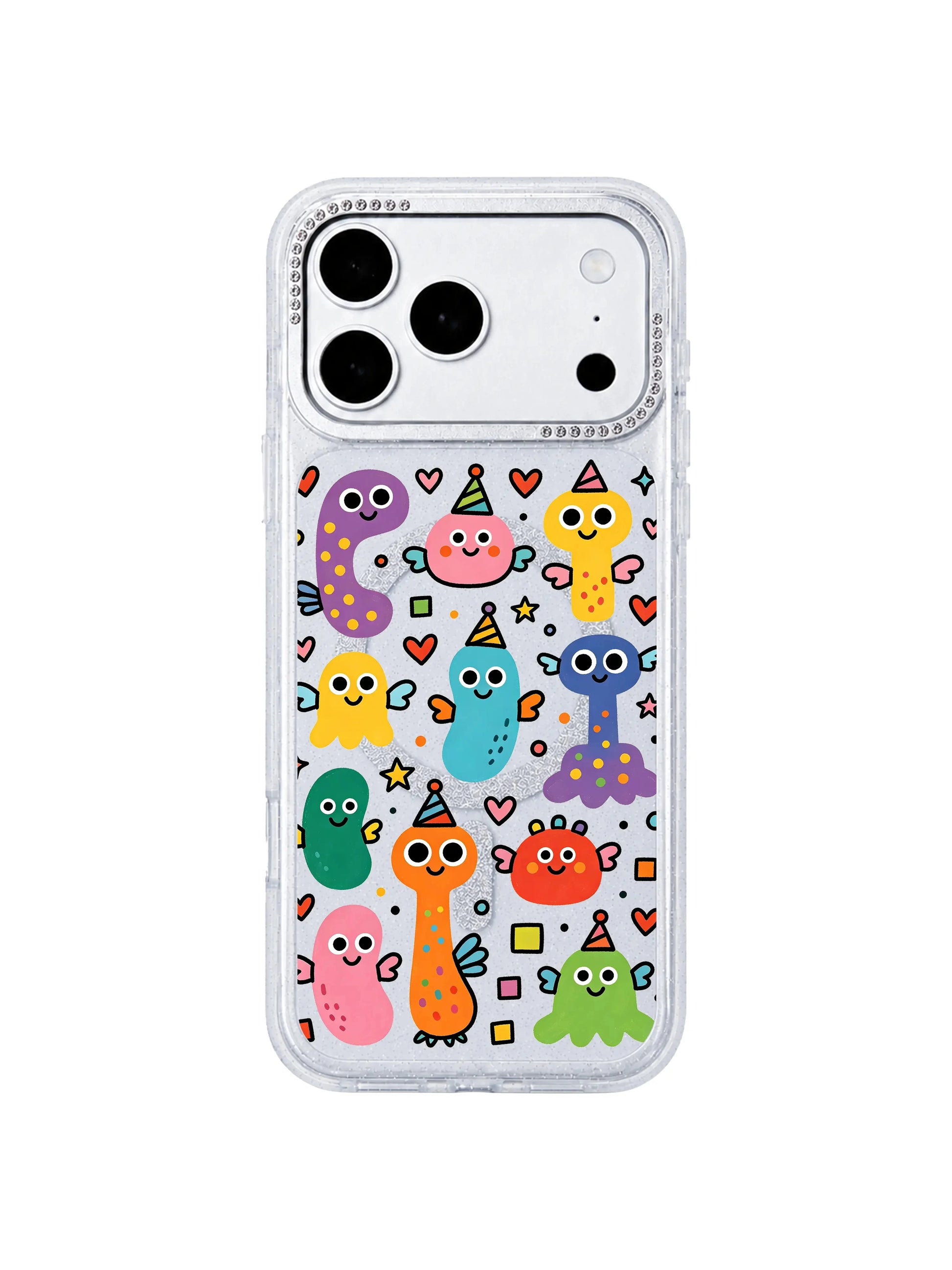PhoneCasing angled split mockup displaying Heart Monster Village iPhone 17 Pro Max case, transparent glitter silicone protective casing paired with bare iPhone 17 Pro Max to show full print coverage, premium artist collab phone casing for women