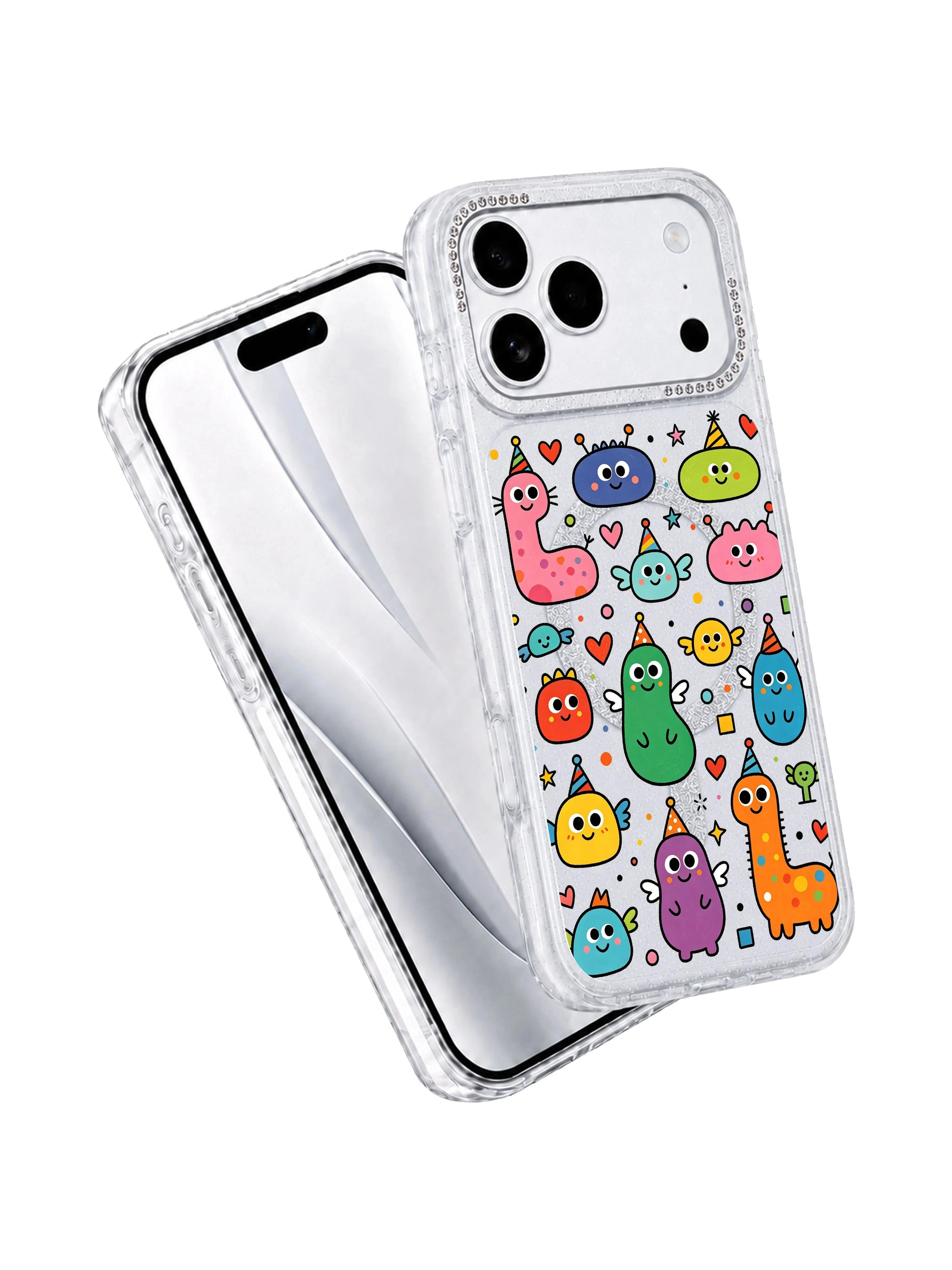  PhoneCasing full color display shot of Heart Monster Village iPhone 17 Pro Max case, saturated primary pastel multicolor monster village doodles printed with UV archival ink, long-wearing iPhone 17 Pro Max casing
