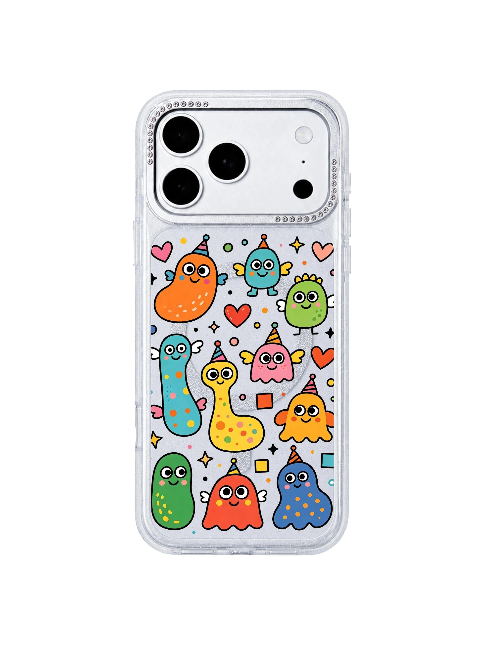 PhoneCasing warm indoor lifestyle shot with Heart Monster Village iPhone 17 Pro Max case resting on soft neutral fabric, calming vibrant cartoon monster village print aesthetic daily carry iPhone 17 Pro Max casing