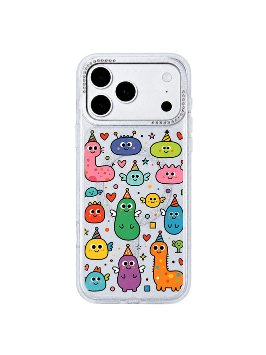 PhoneCasing side cutout detail shot showing precision molded volume and power button ports on Heart Monster Village iPhone 17 Pro Max case, zero loose fit custom engineered iPhone 17 Pro Max protective casing
