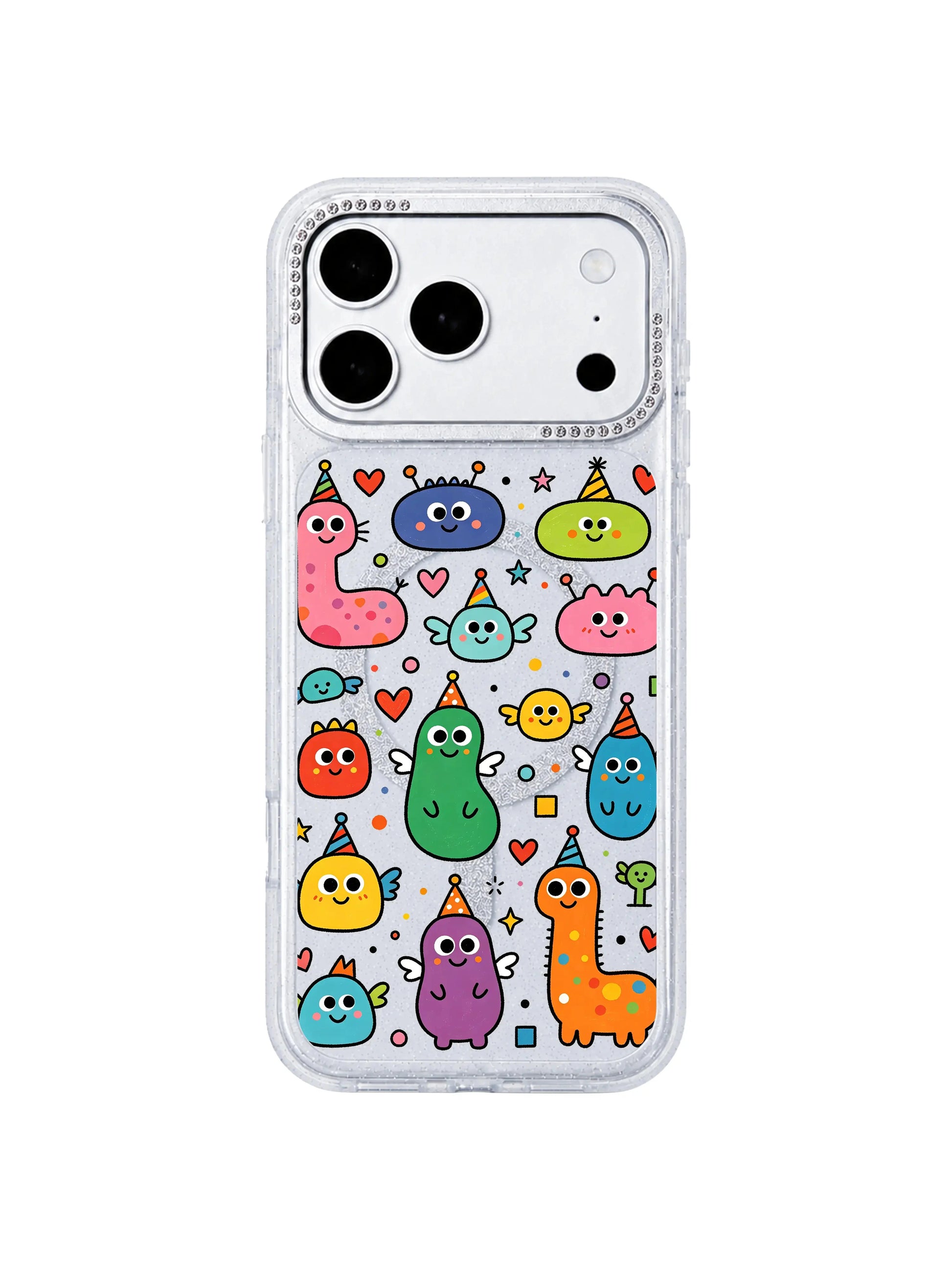 PhoneCasing minimalist detached product mockup of Heart Monster Village iPhone 17 Pro Max case, isolated transparent glitter casing on plain white background, clean ad asset for paid social iPhone 17 Pro Max casing promotion