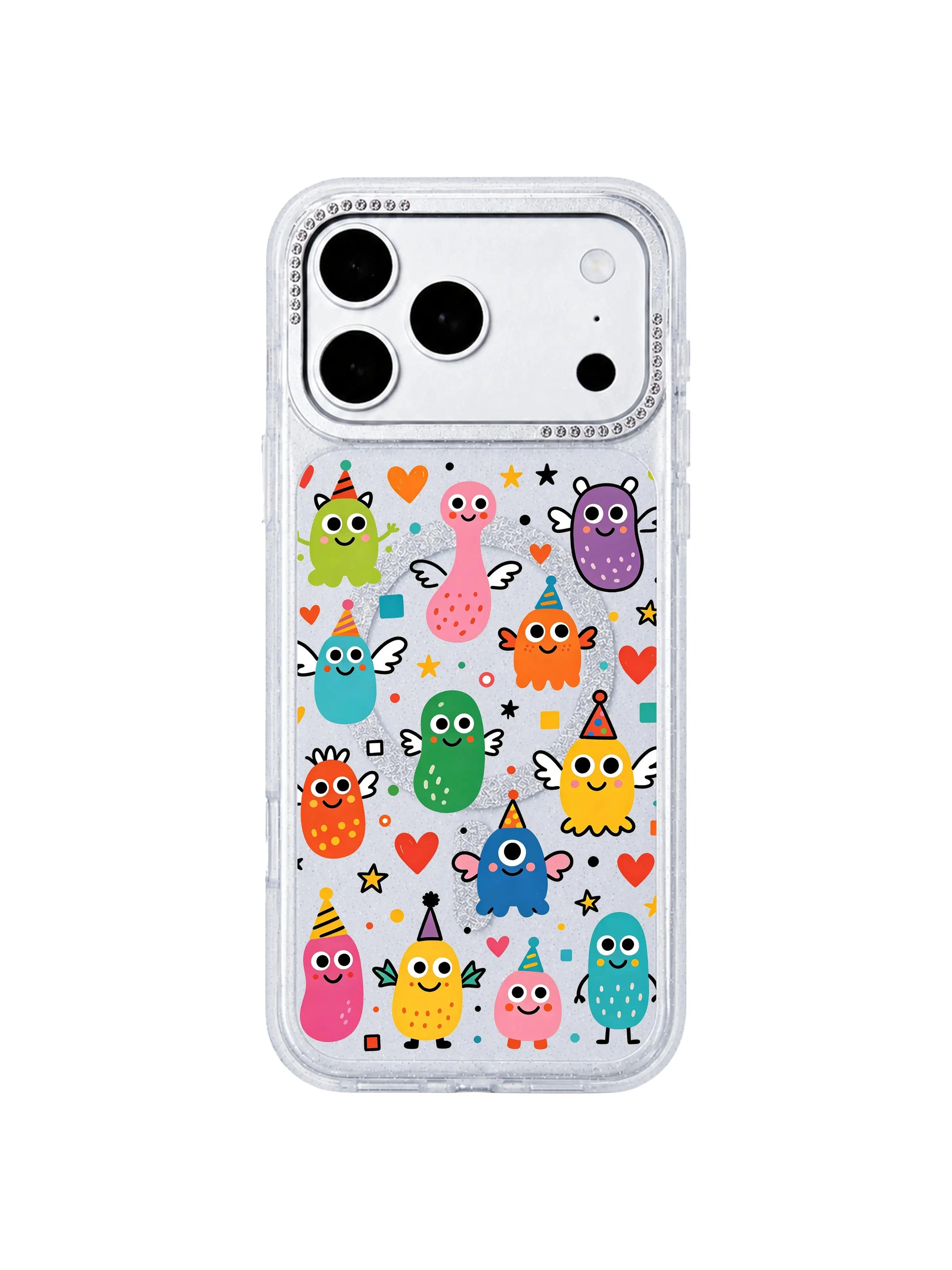 PhoneCasing macro art closeup of Milo Popkins original Heart Monster Village print on iPhone 17 Pro Max case, detailed shot of long-neck, bean-shaped, multi-limbed blob monsters and scattered heart decor, archival fade-proof print iPhone 17 Pro Max casing