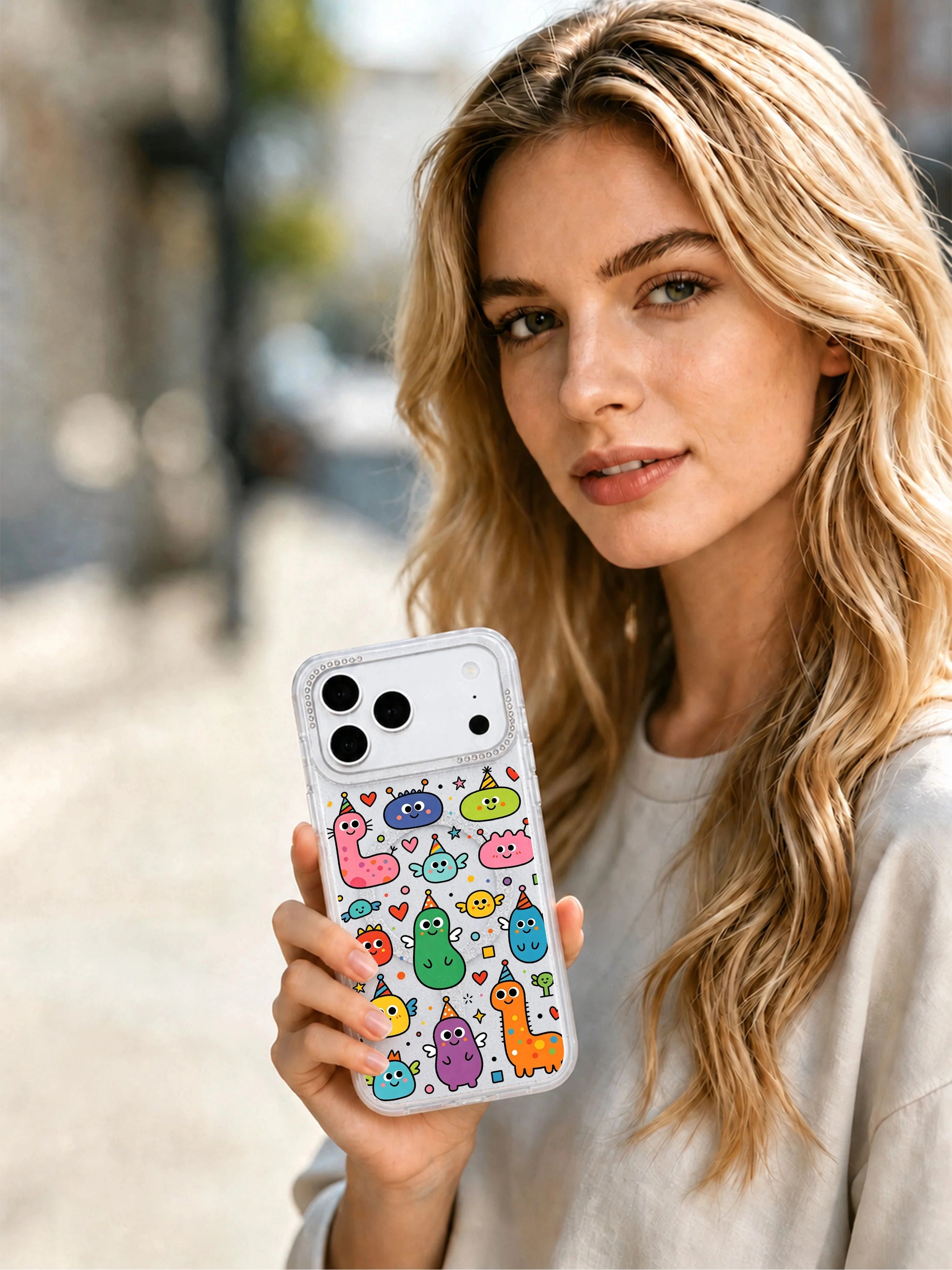 PhoneCasing group preview display shot of full Heart Monster Village pattern lineup on iPhone 17 Pro Max case, complete range of unique long-neck, curved bean, multi-limbed monster designs collection overview iPhone 17 Pro Max casing